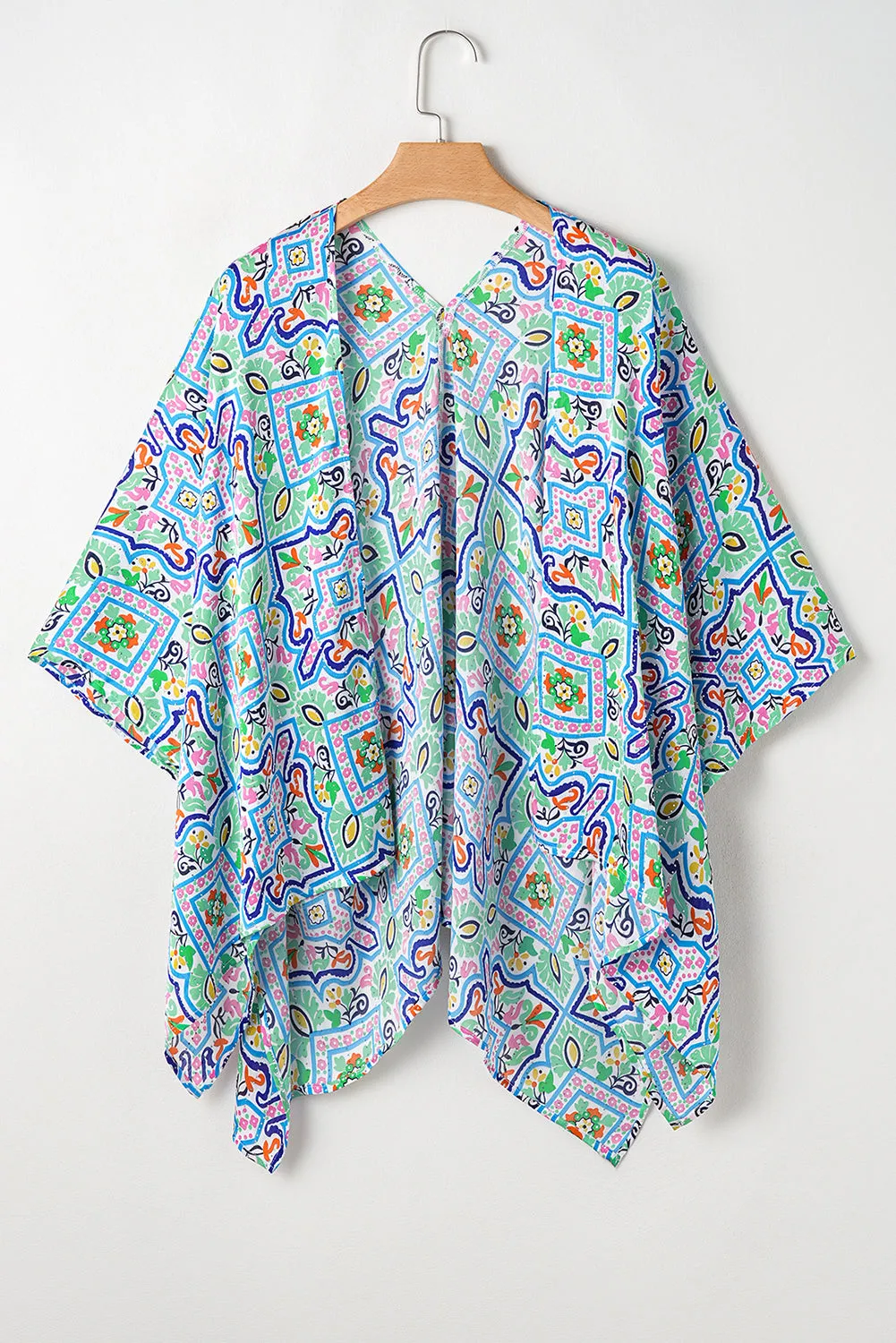 White Boho Floral Printed Rhinestone 3/4 Sleeve Open Front Kimono