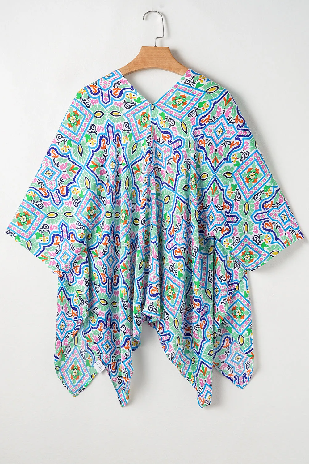 White Boho Floral Printed Rhinestone 3/4 Sleeve Open Front Kimono