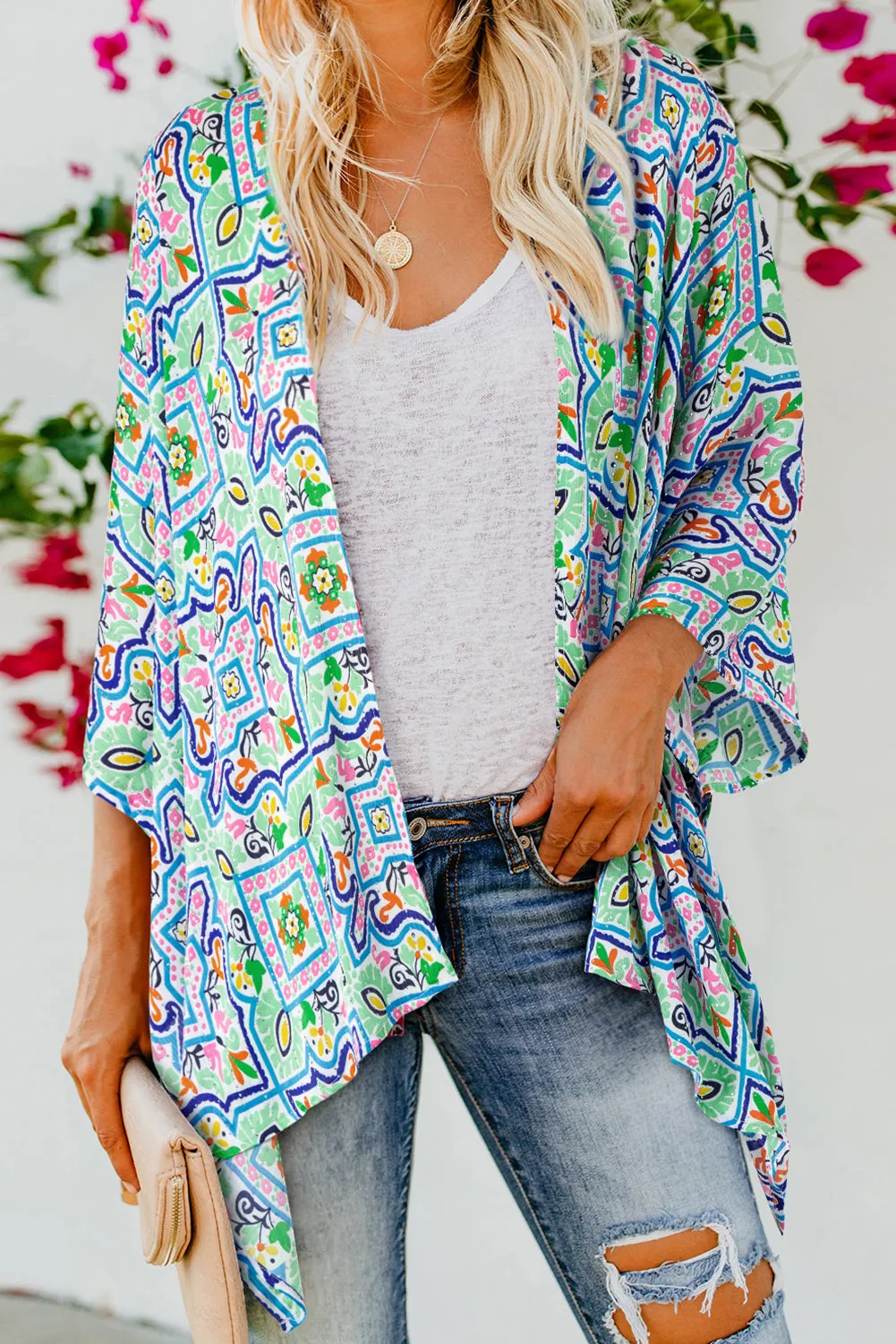 White Boho Floral Printed Rhinestone 3/4 Sleeve Open Front Kimono