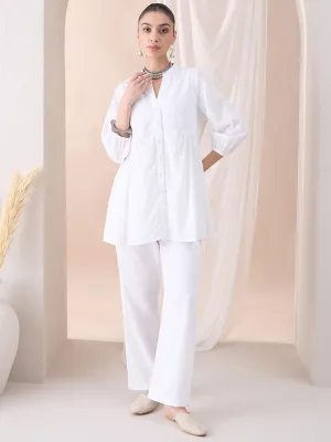 White Button Down Cotton Embroidered Tunic With Straight Pant