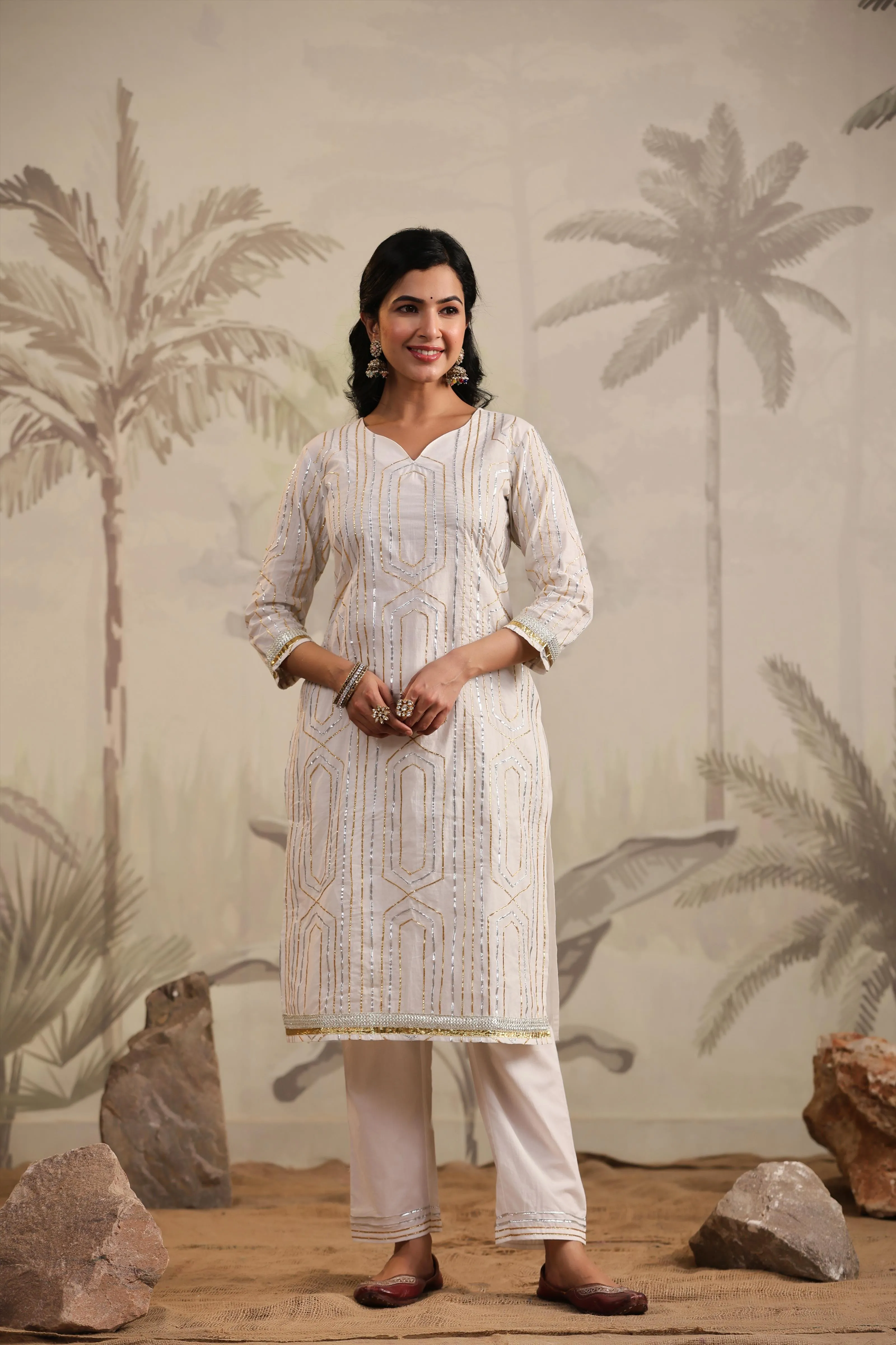 White Cotton Gota Embellished Kurta Pant & Dupatta Set