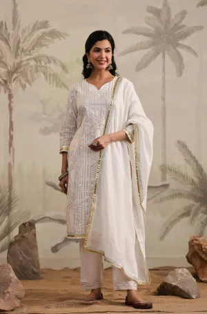 White Cotton Gota Embellished Kurta Pant & Dupatta Set