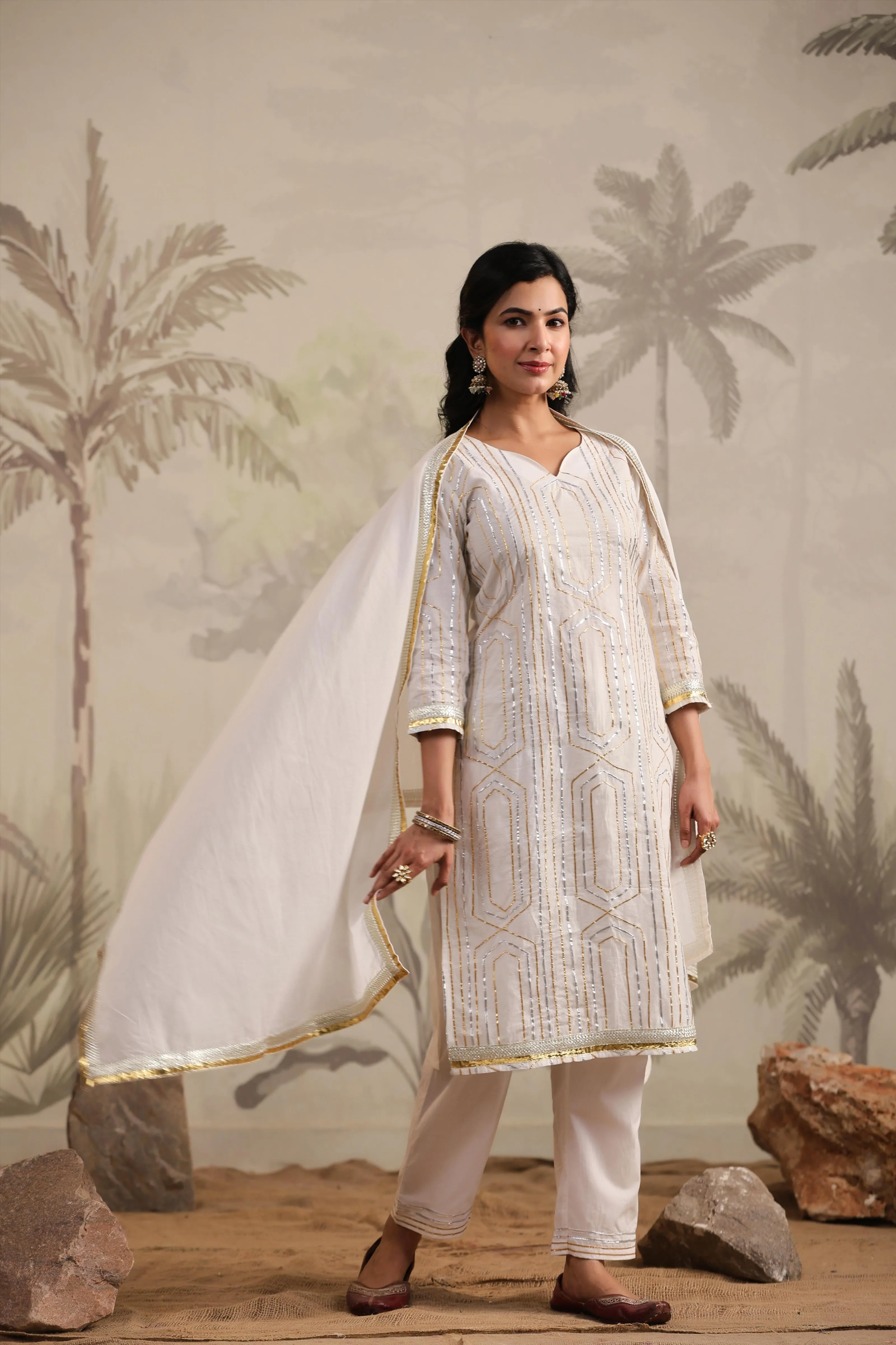 White Cotton Gota Embellished Kurta Pant & Dupatta Set