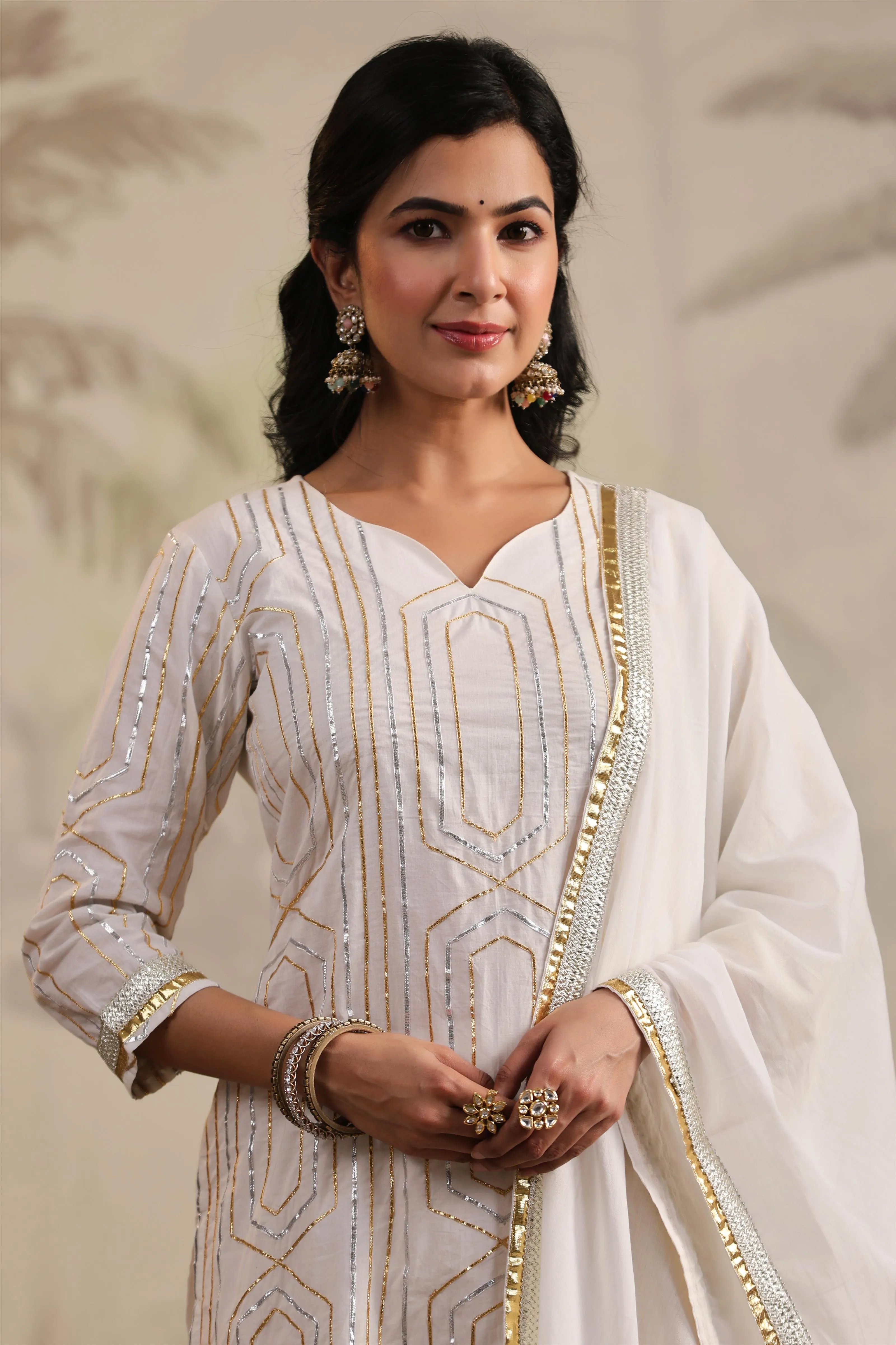White Cotton Gota Embellished Kurta Pant & Dupatta Set