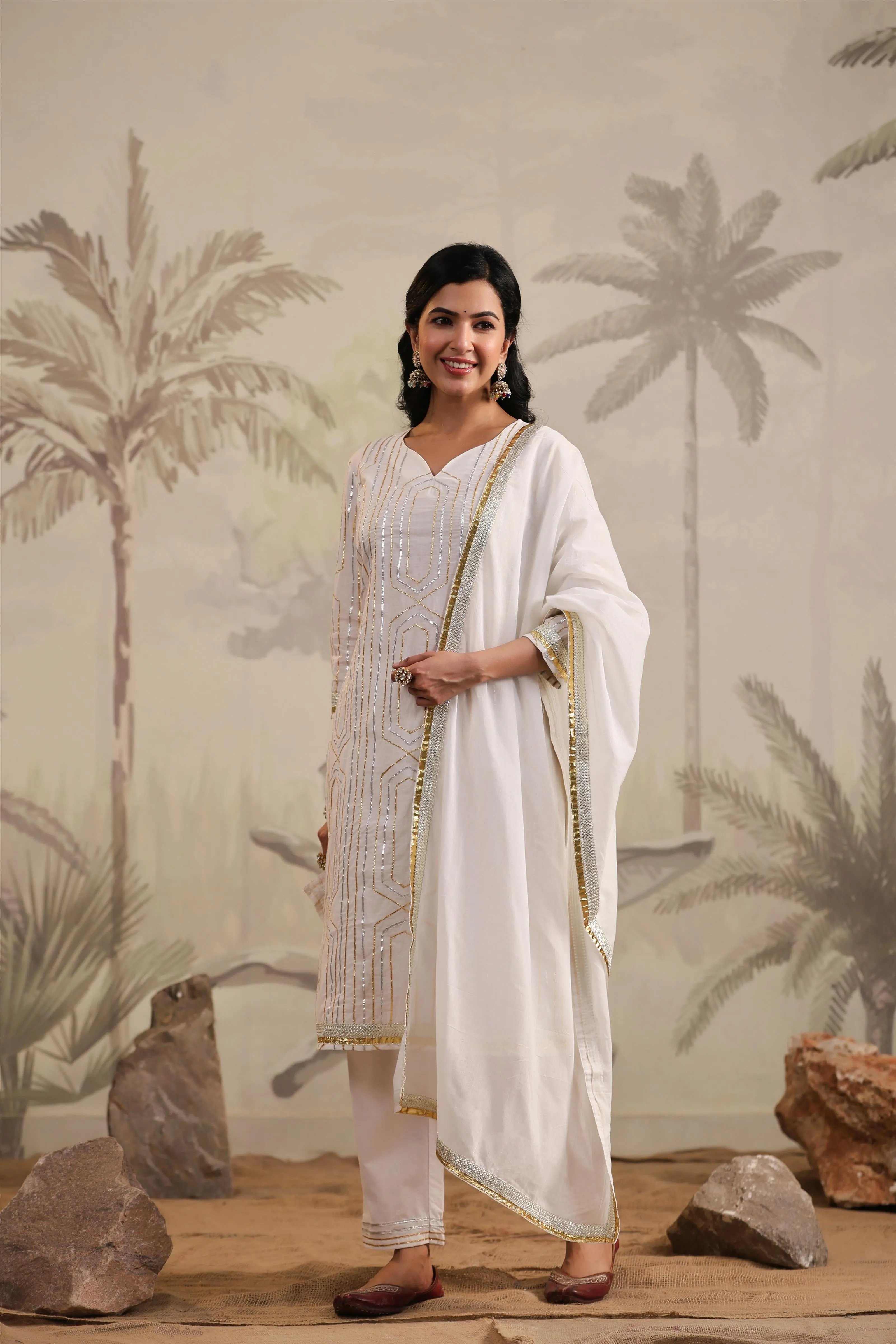 White Cotton Gota Embellished Kurta Pant & Dupatta Set