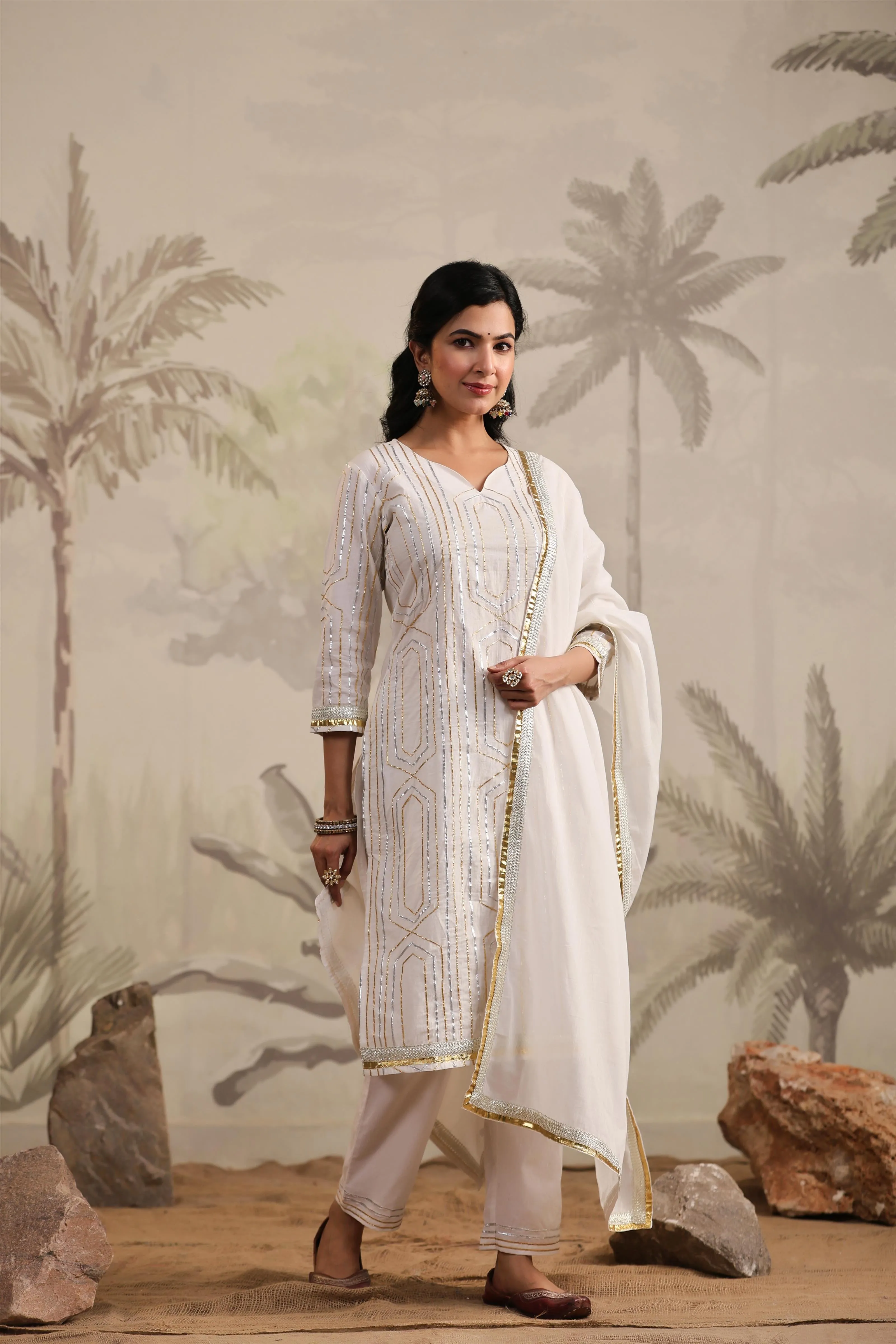 White Cotton Gota Embellished Kurta Pant & Dupatta Set