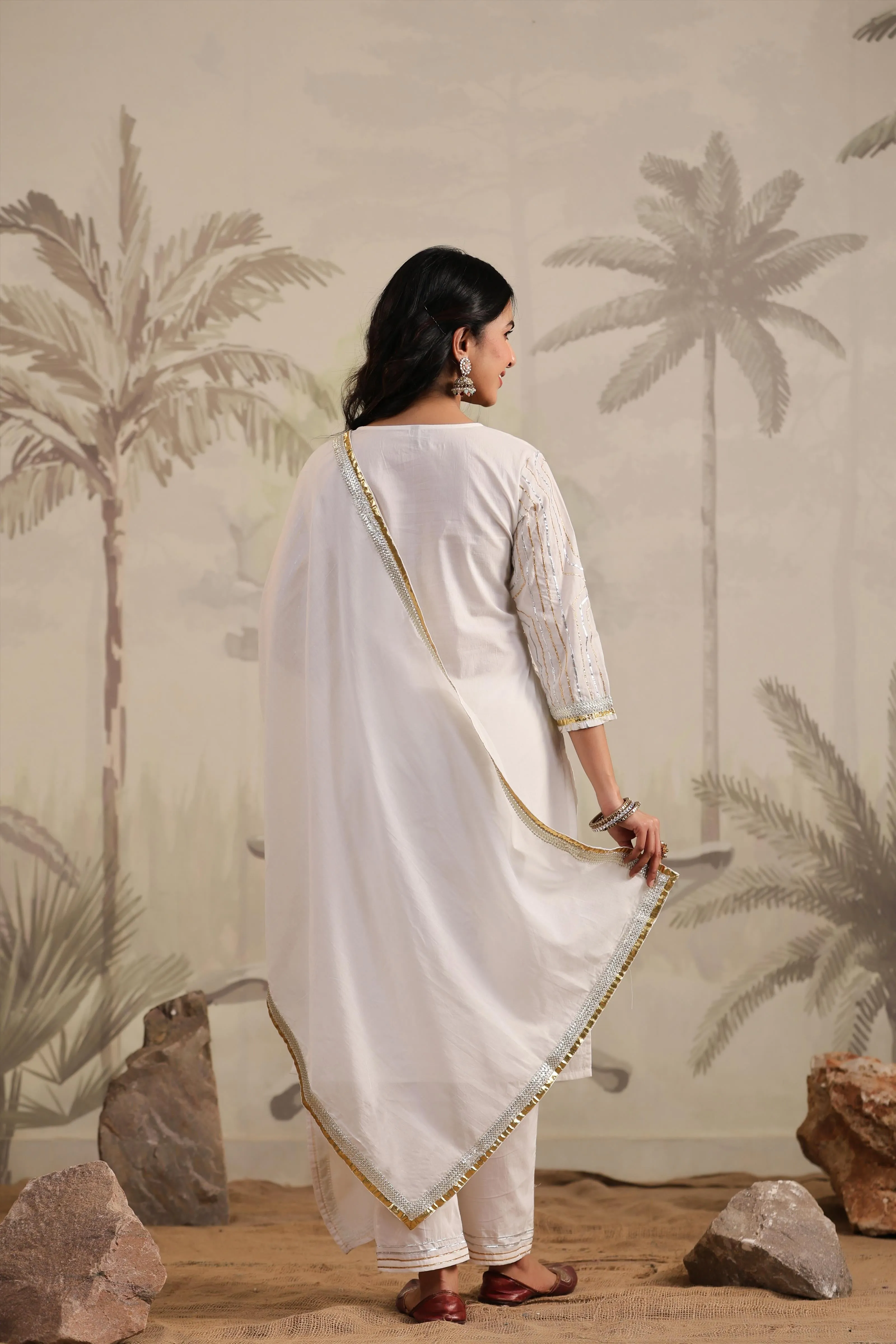 White Cotton Gota Embellished Kurta Pant & Dupatta Set