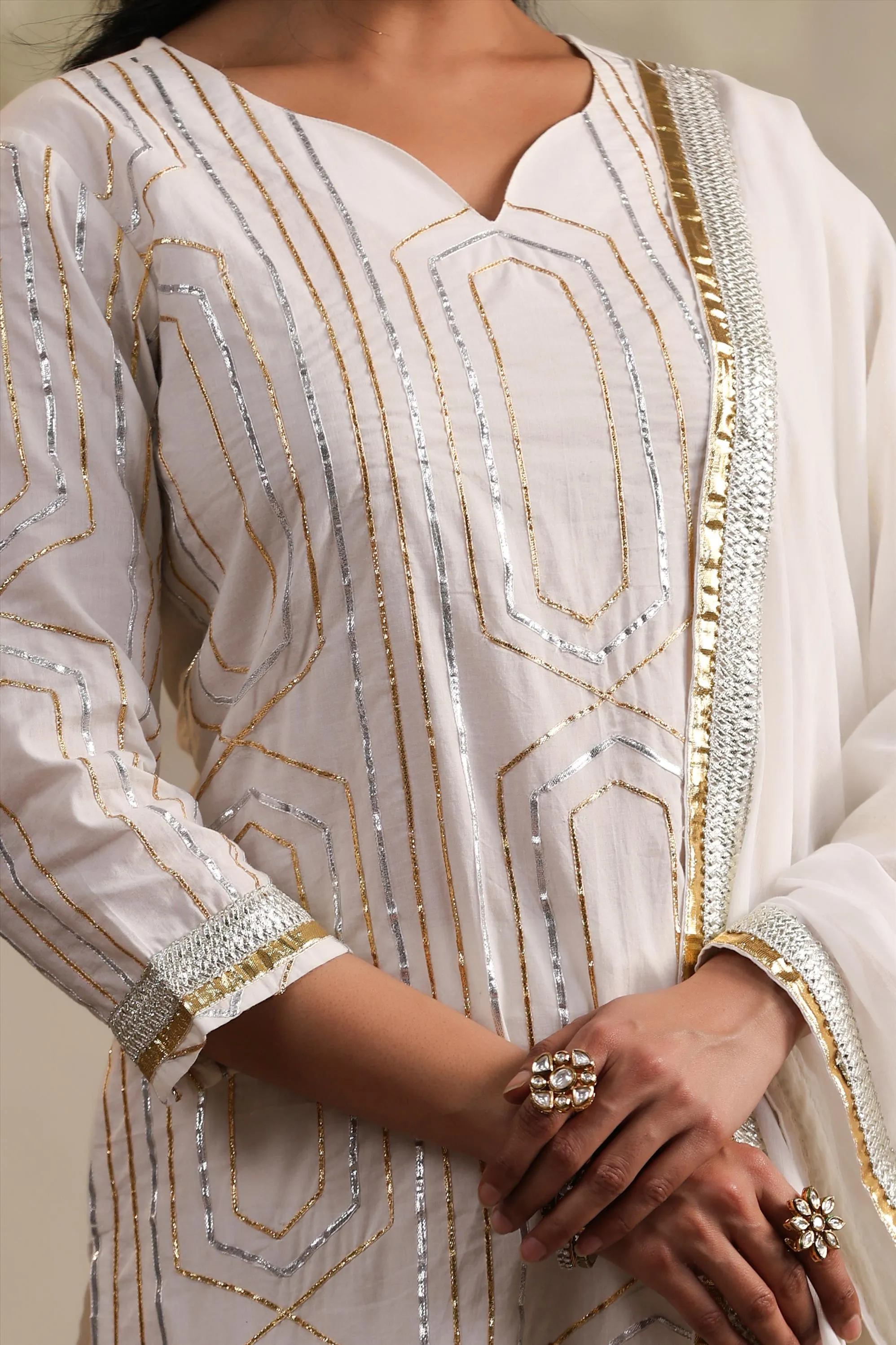 White Cotton Gota Embellished Kurta Pant & Dupatta Set