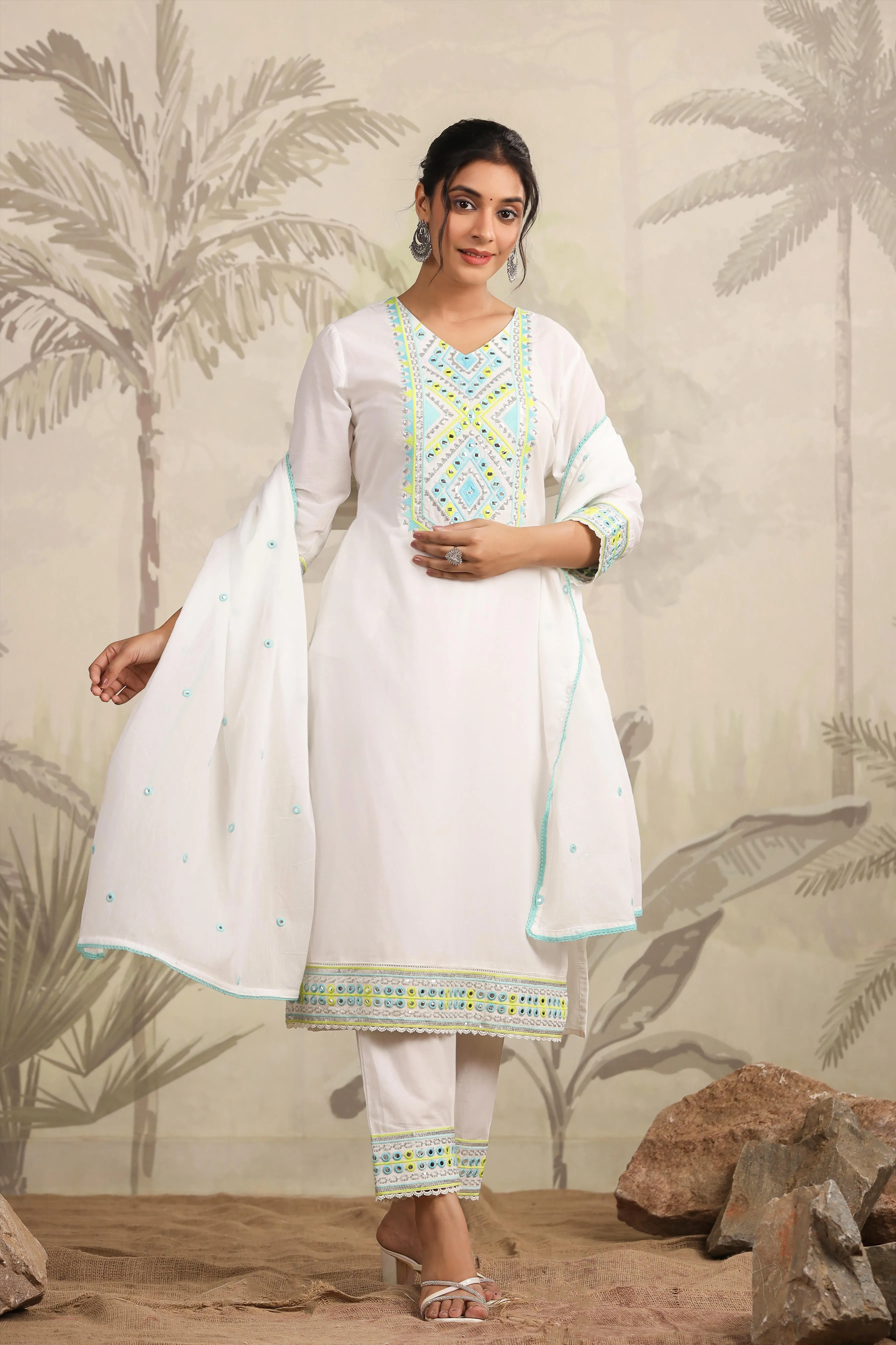 White Cotton Mirror & Sequin Embroidered Kurta Pant & Dupatta Set