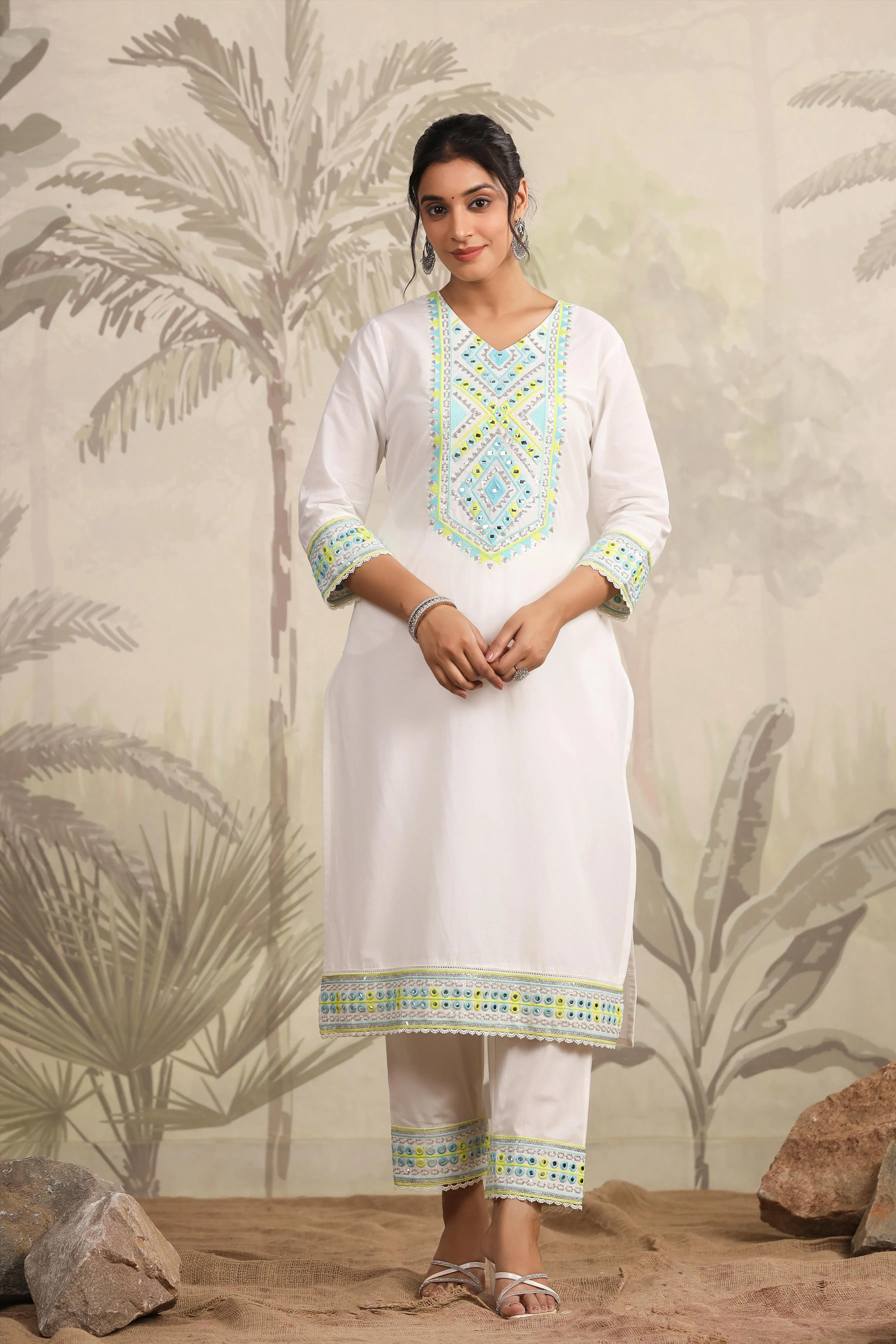 White Cotton Mirror & Sequin Embroidered Kurta Pant & Dupatta Set