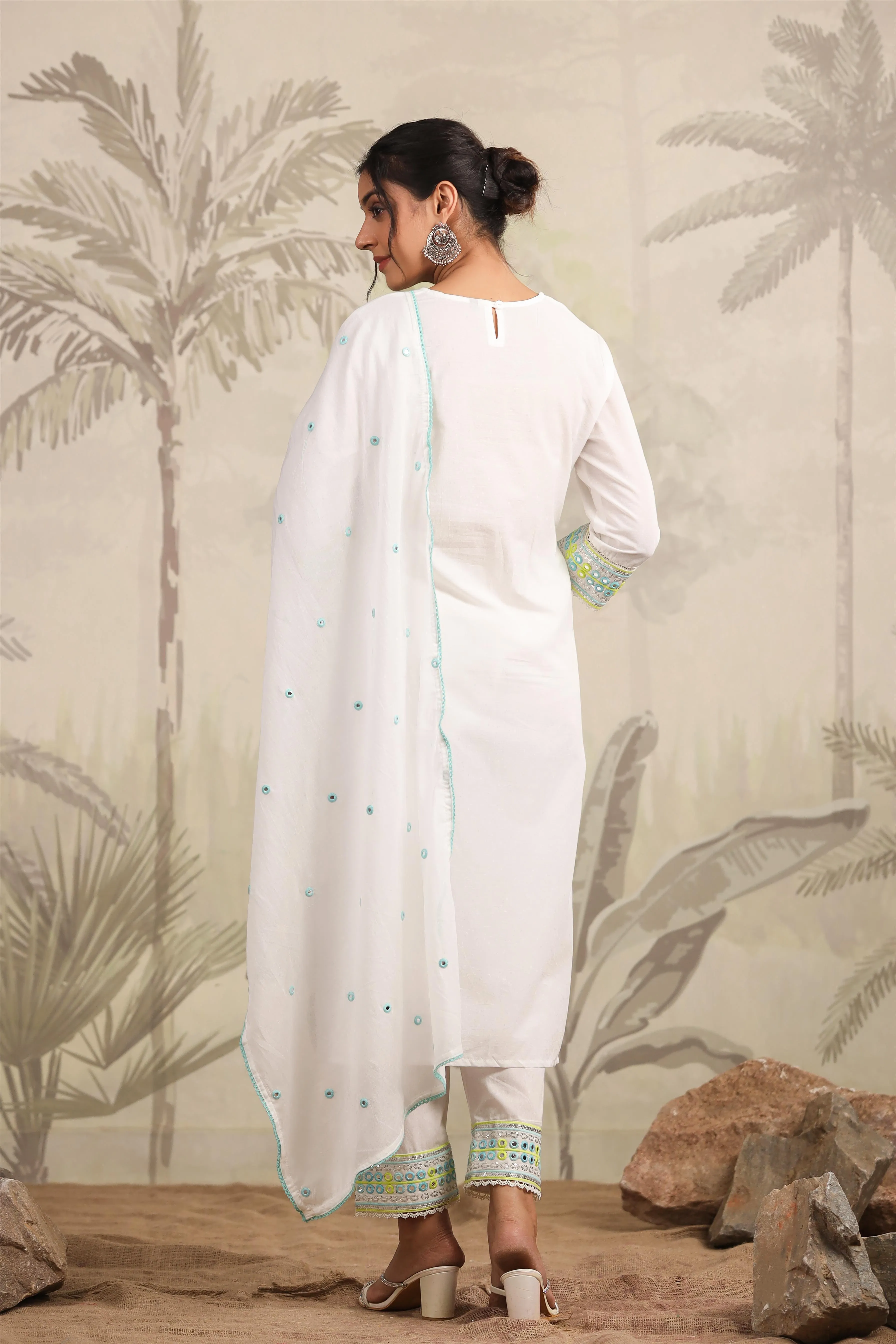 White Cotton Mirror & Sequin Embroidered Kurta Pant & Dupatta Set