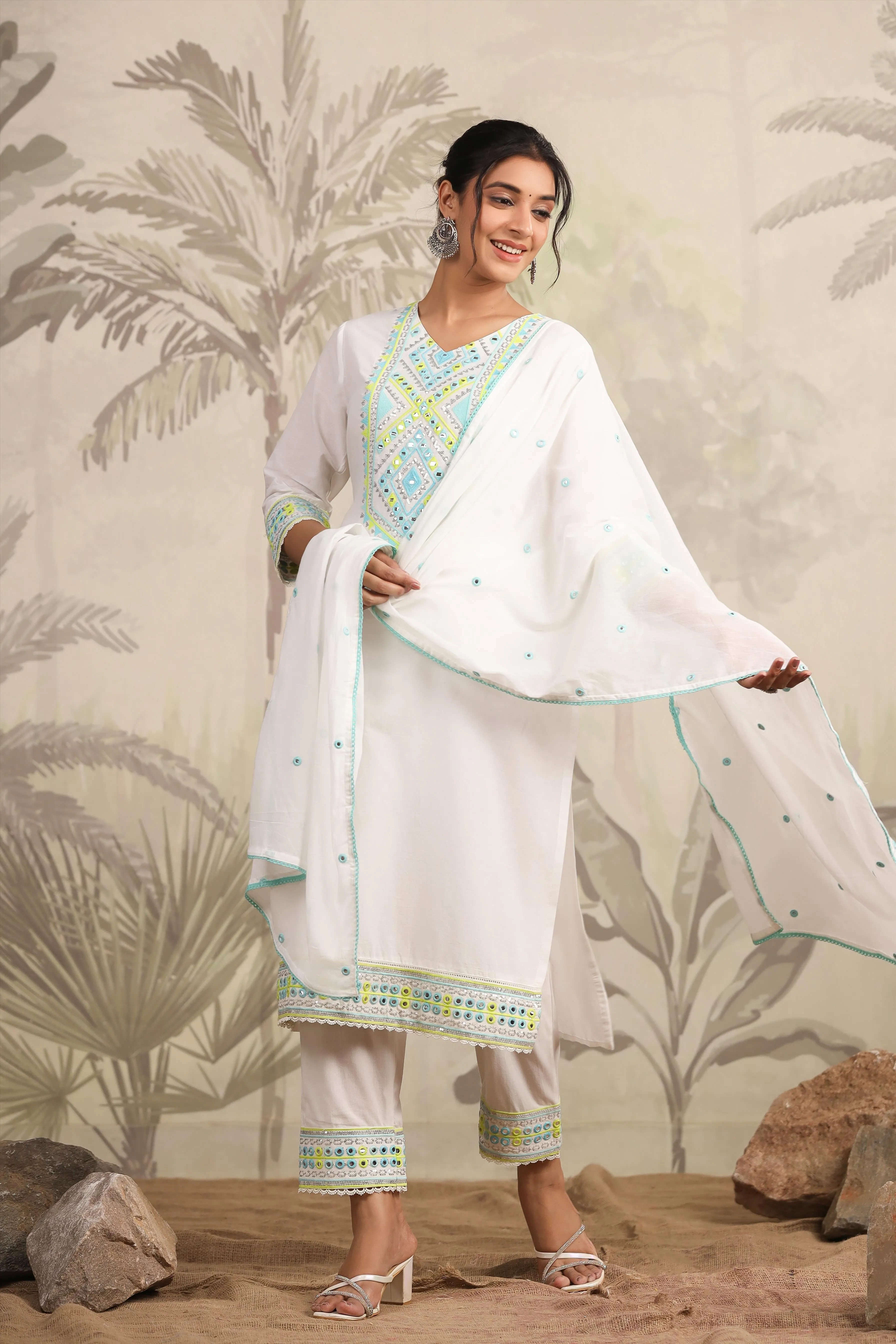 White Cotton Mirror & Sequin Embroidered Kurta Pant & Dupatta Set