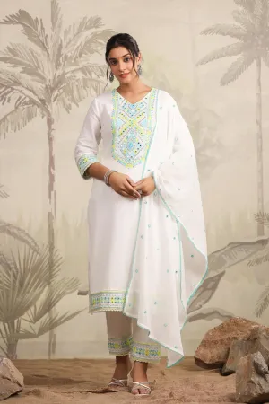 White Cotton Mirror & Sequin Embroidered Kurta Pant & Dupatta Set
