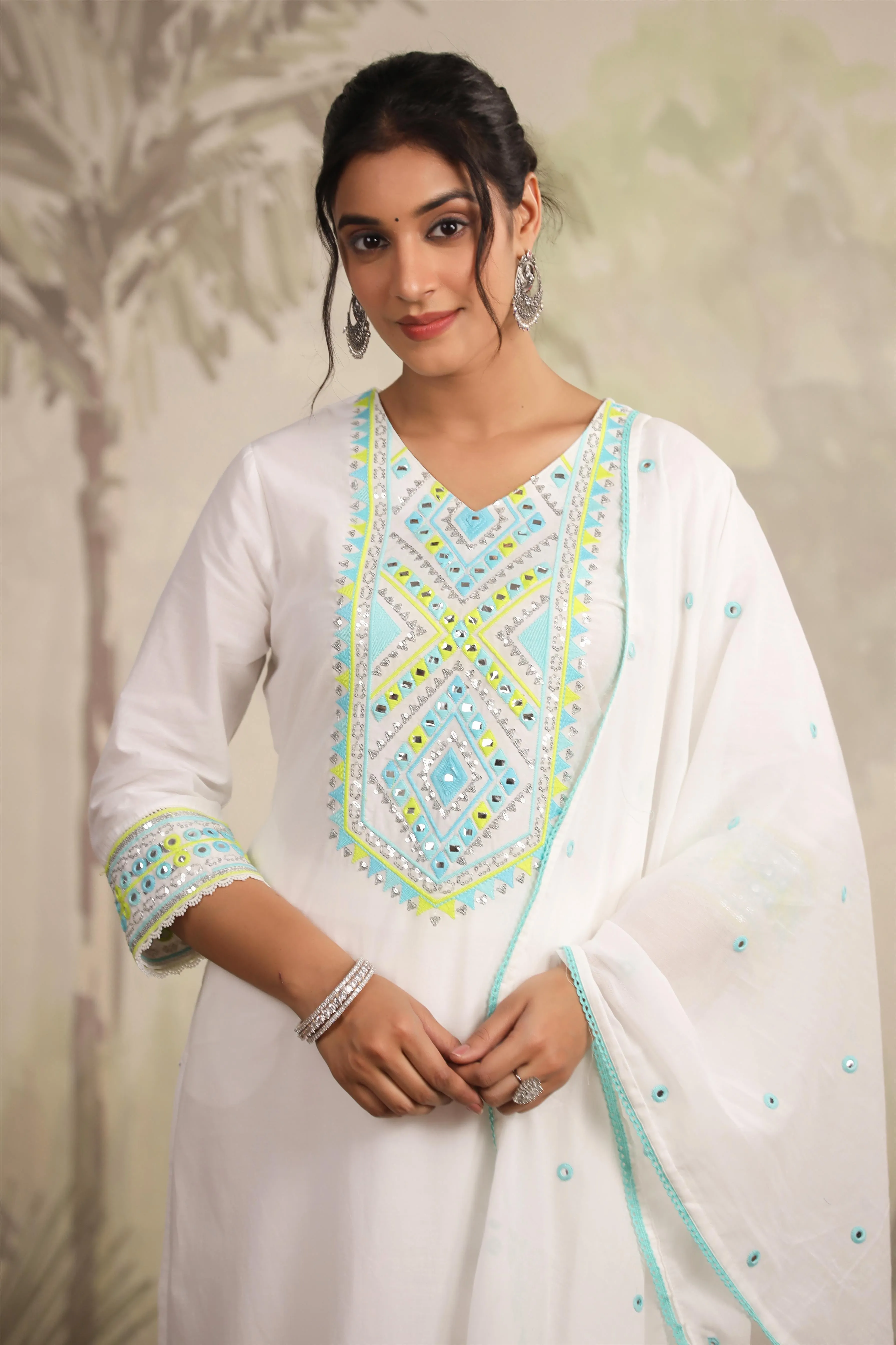 White Cotton Mirror & Sequin Embroidered Kurta Pant & Dupatta Set