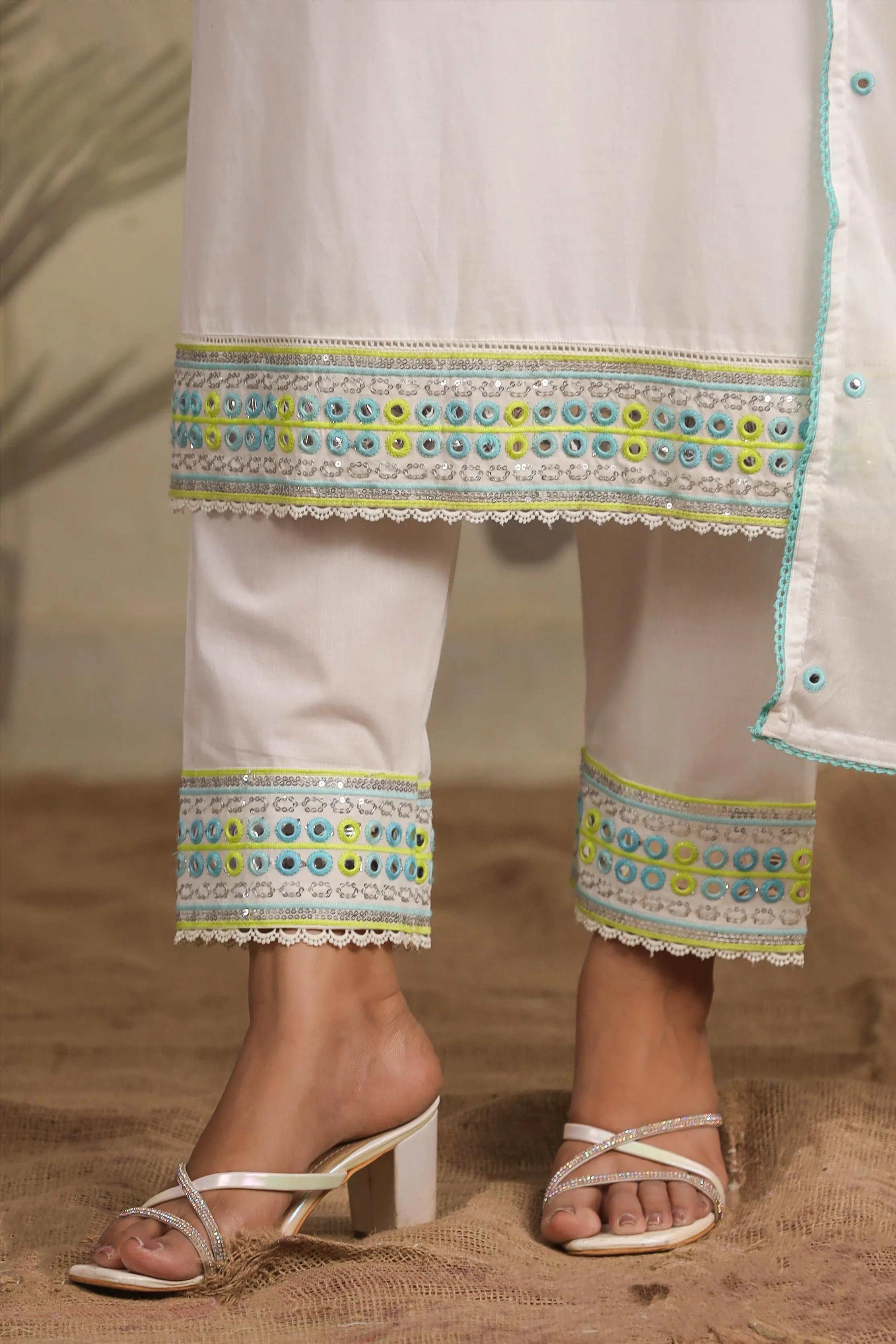 White Cotton Mirror & Sequin Embroidered Kurta Pant & Dupatta Set