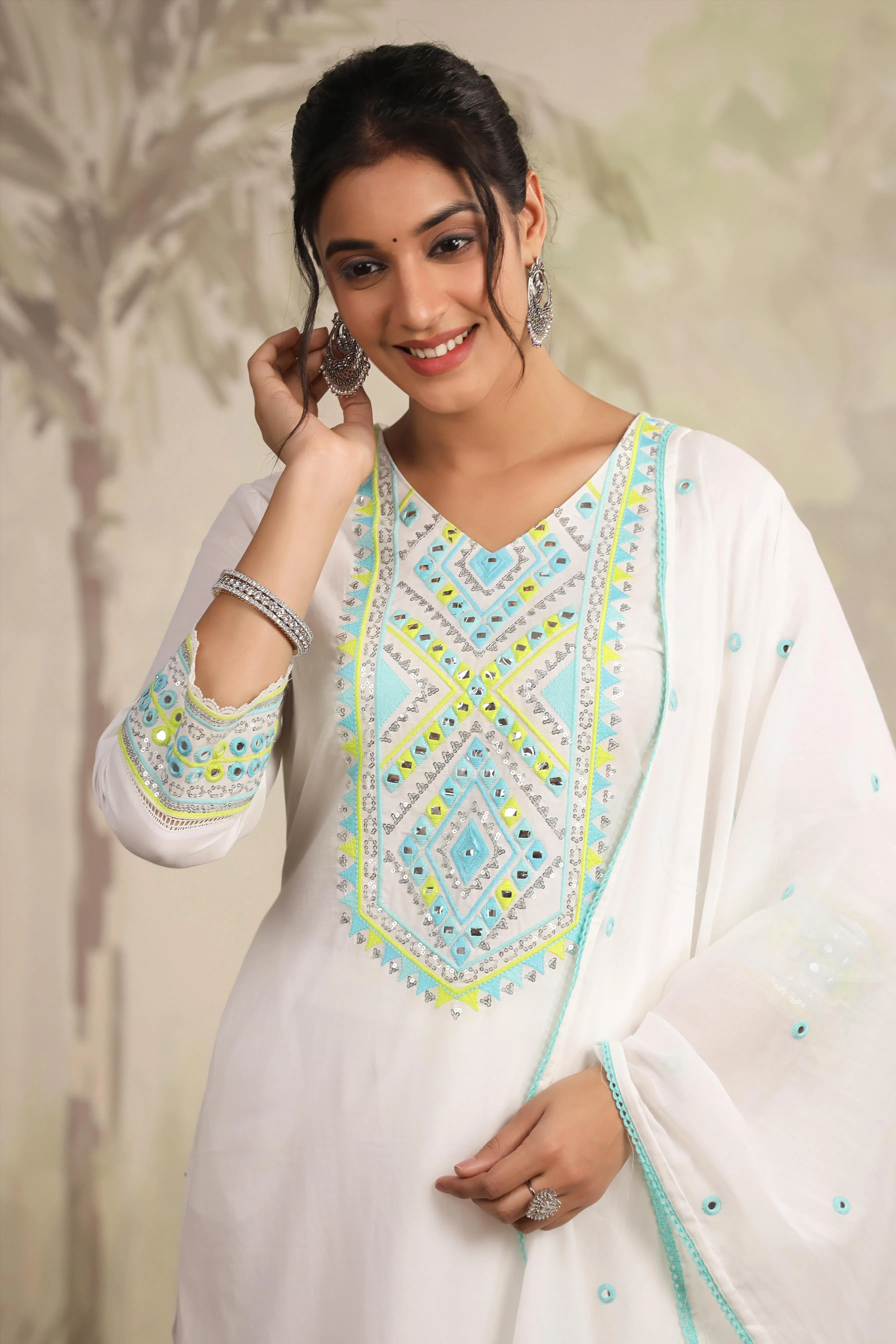 White Cotton Mirror & Sequin Embroidered Kurta Pant & Dupatta Set