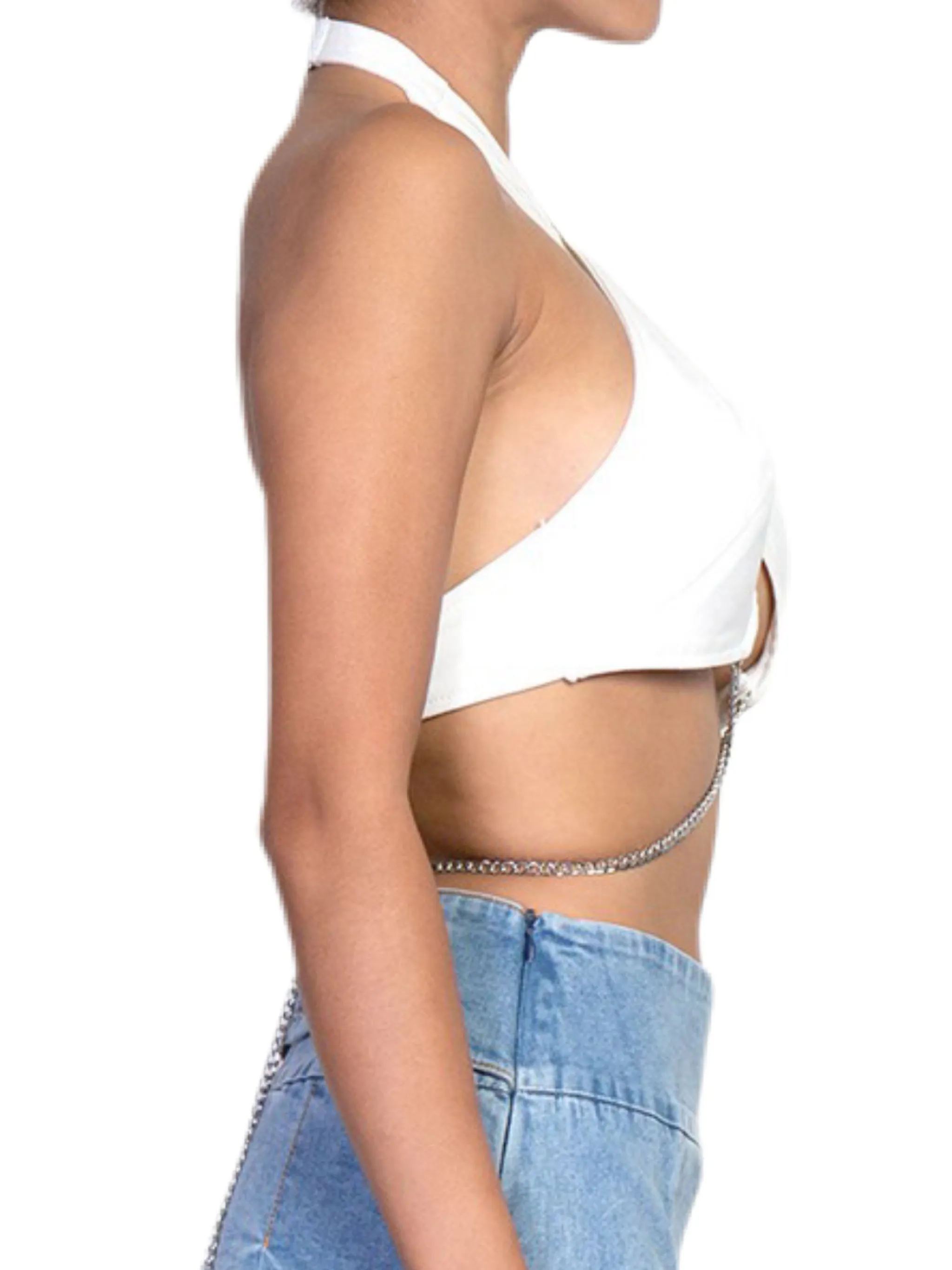 WHITE DENIM CROSS CHAIN TOP