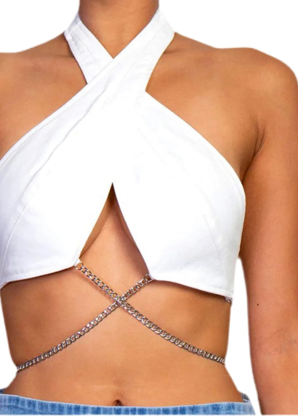 WHITE DENIM CROSS CHAIN TOP
