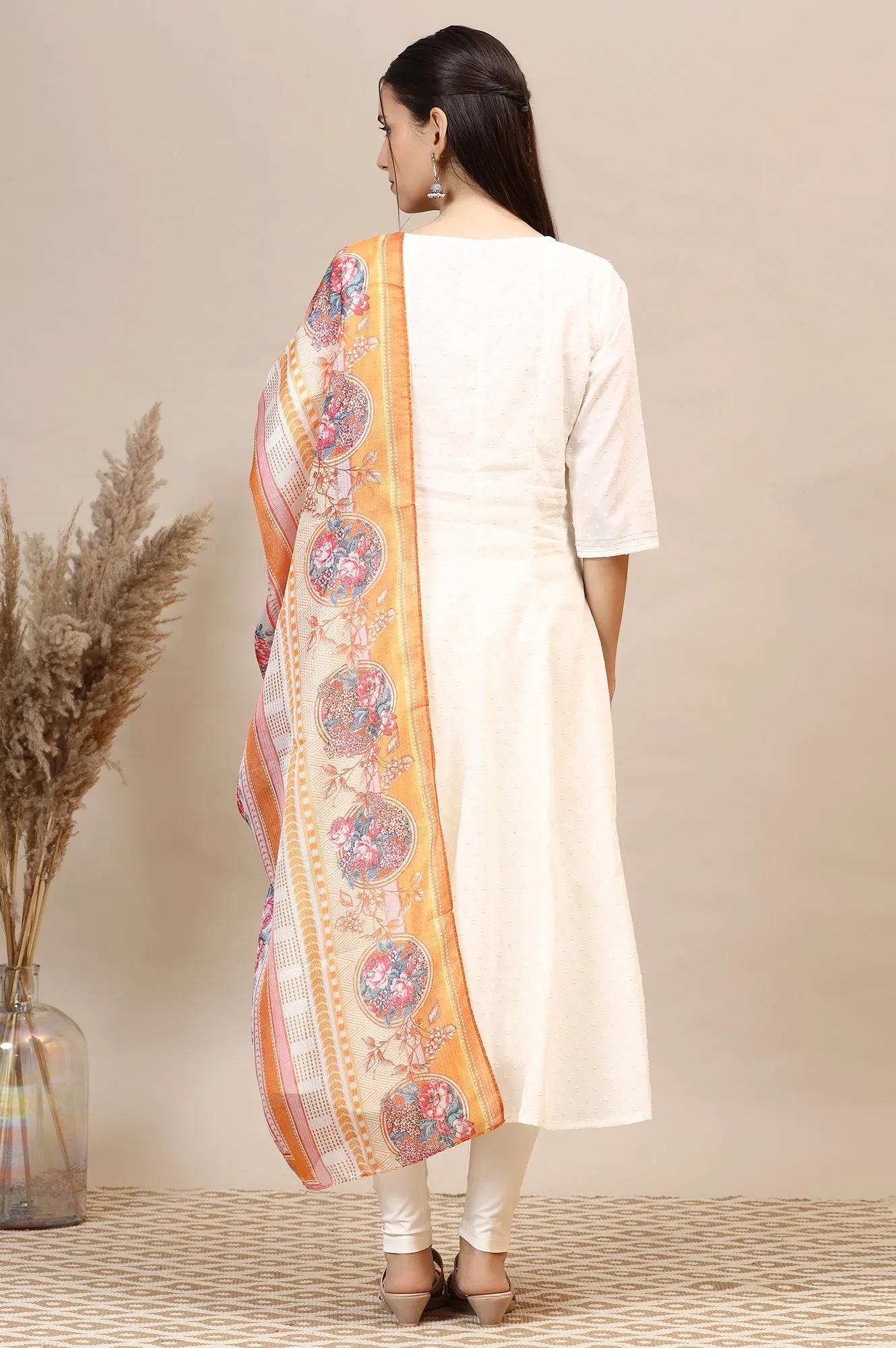 White Embroidered Anarkali Kurta, Leggings Set with Dupatta