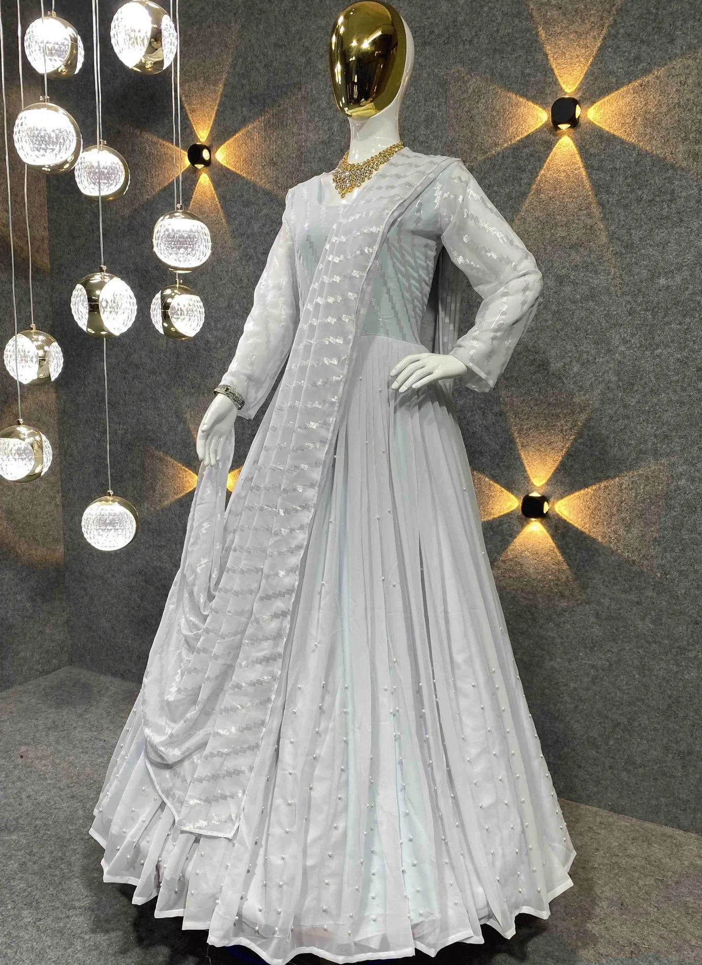 White Embroidery Ethnic Motifs Gown