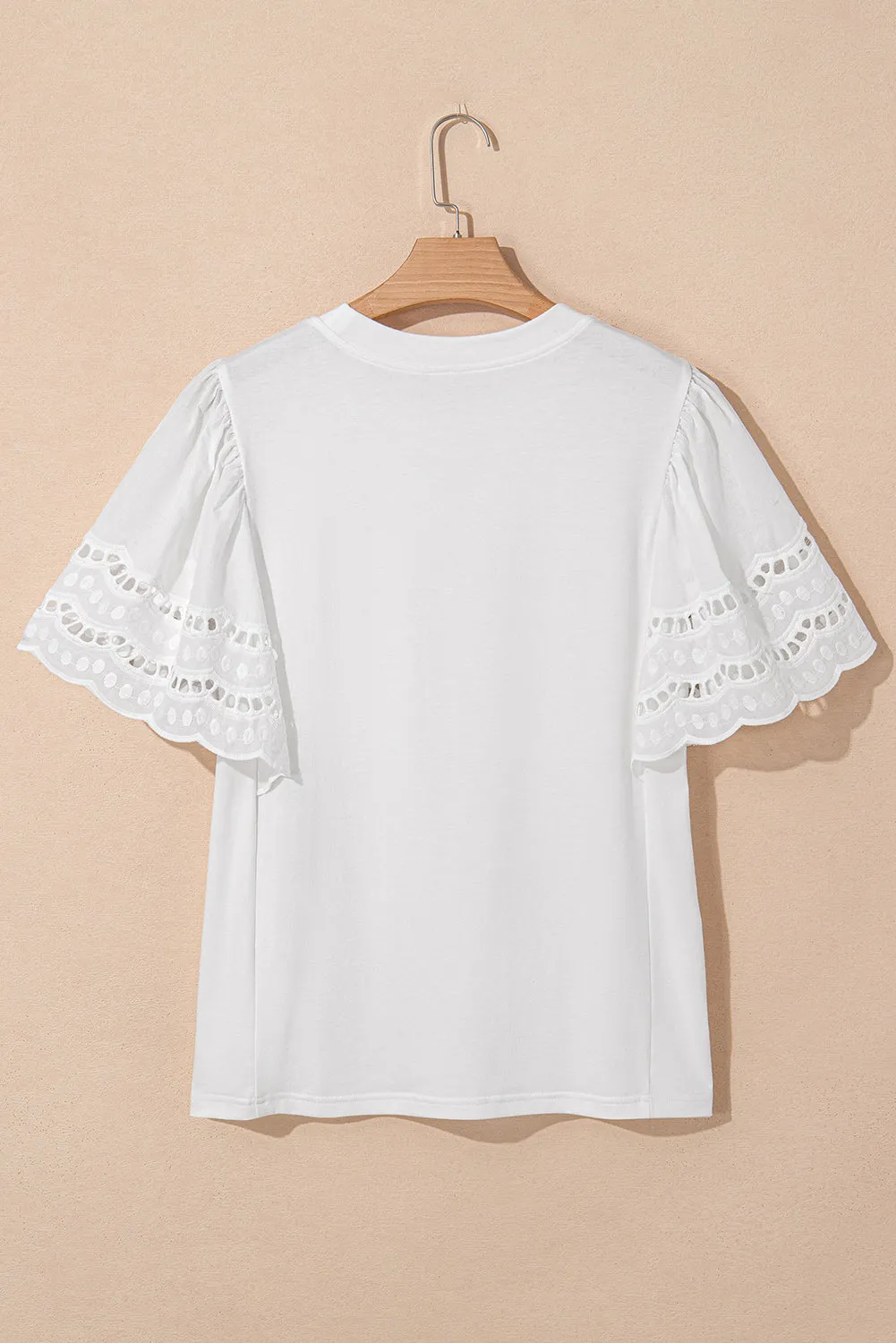 White Hollow Out Embroidered Flounce Sleeve Blouse