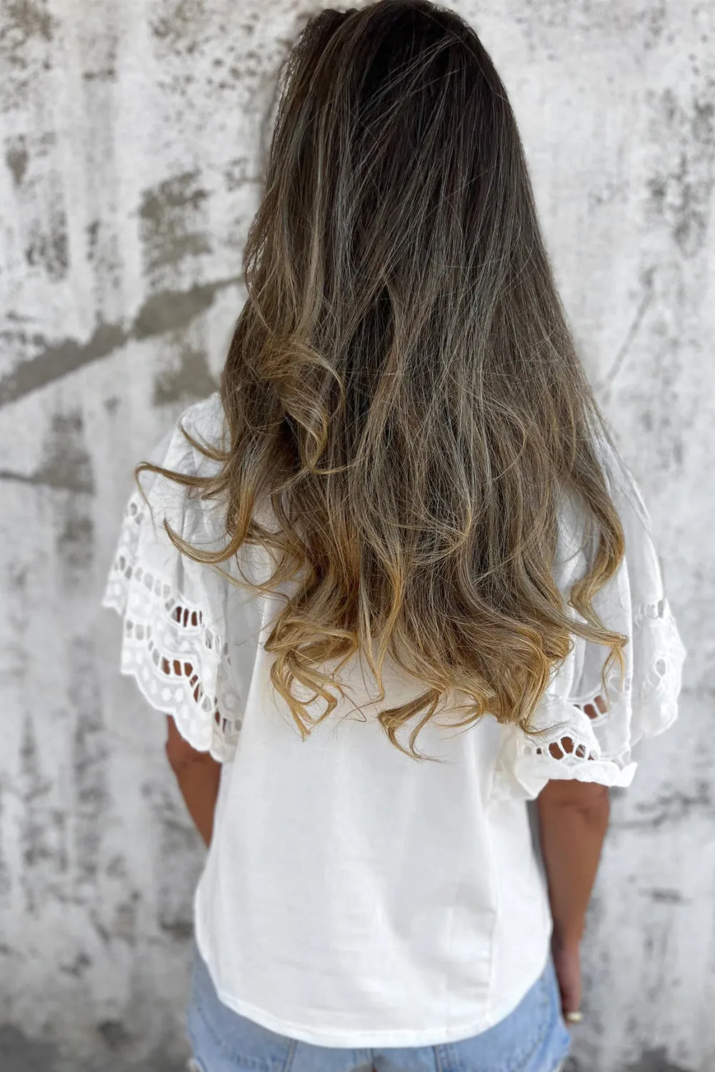 White Hollow Out Embroidered Flounce Sleeve Blouse
