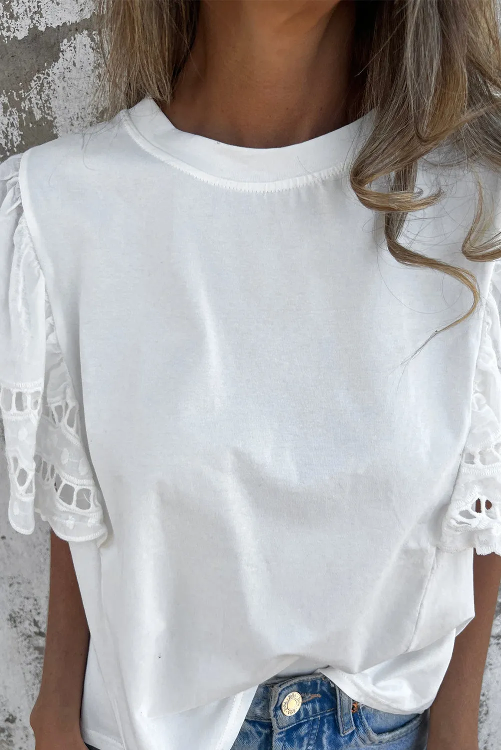 White Hollow Out Embroidered Flounce Sleeve Blouse
