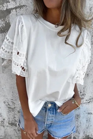 White Hollow Out Embroidered Flounce Sleeve Blouse