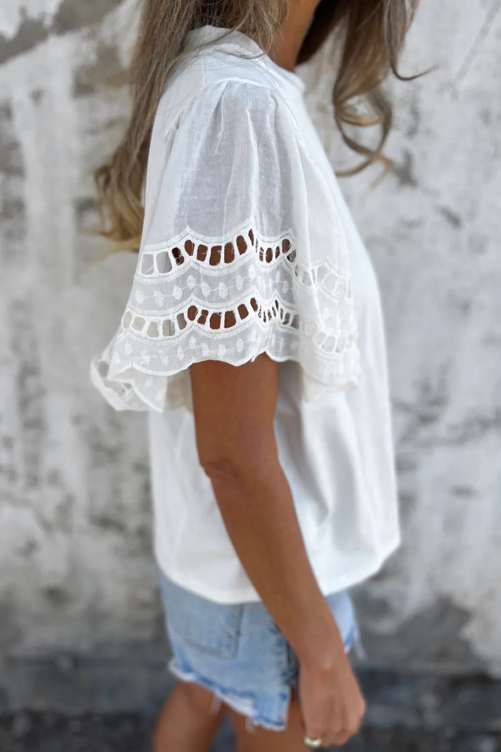 White Hollow Out Embroidered Flounce Sleeve Blouse
