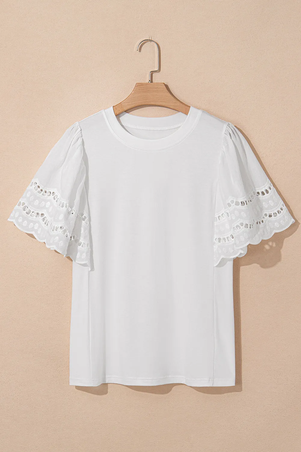 White Hollow Out Embroidered Flounce Sleeve Blouse