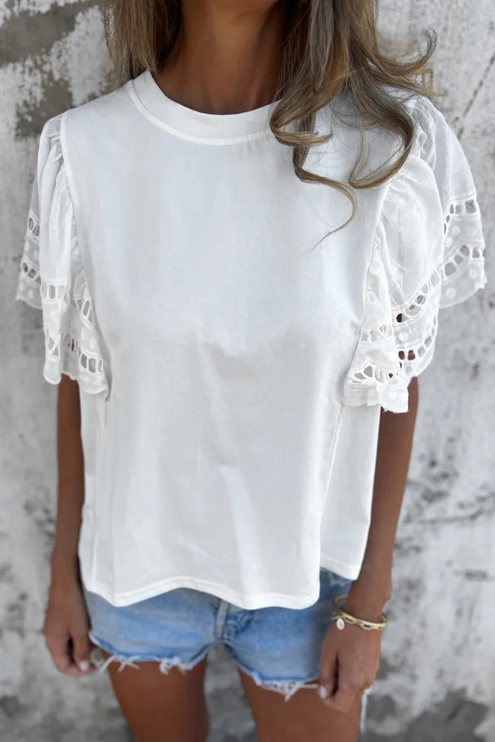 White Hollow Out Embroidered Flounce Sleeve Blouse