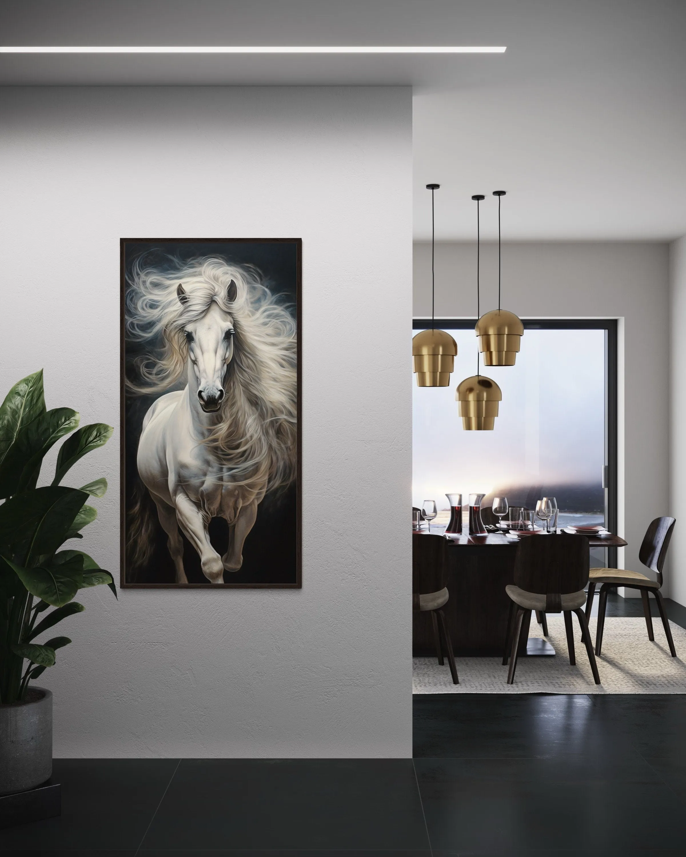 White Horse On Black Background Long Vertical Framed Canvas Wall Art