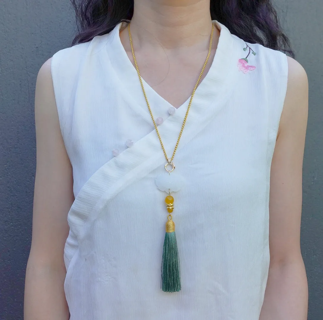 White Jade Lotus Tassel Pendant