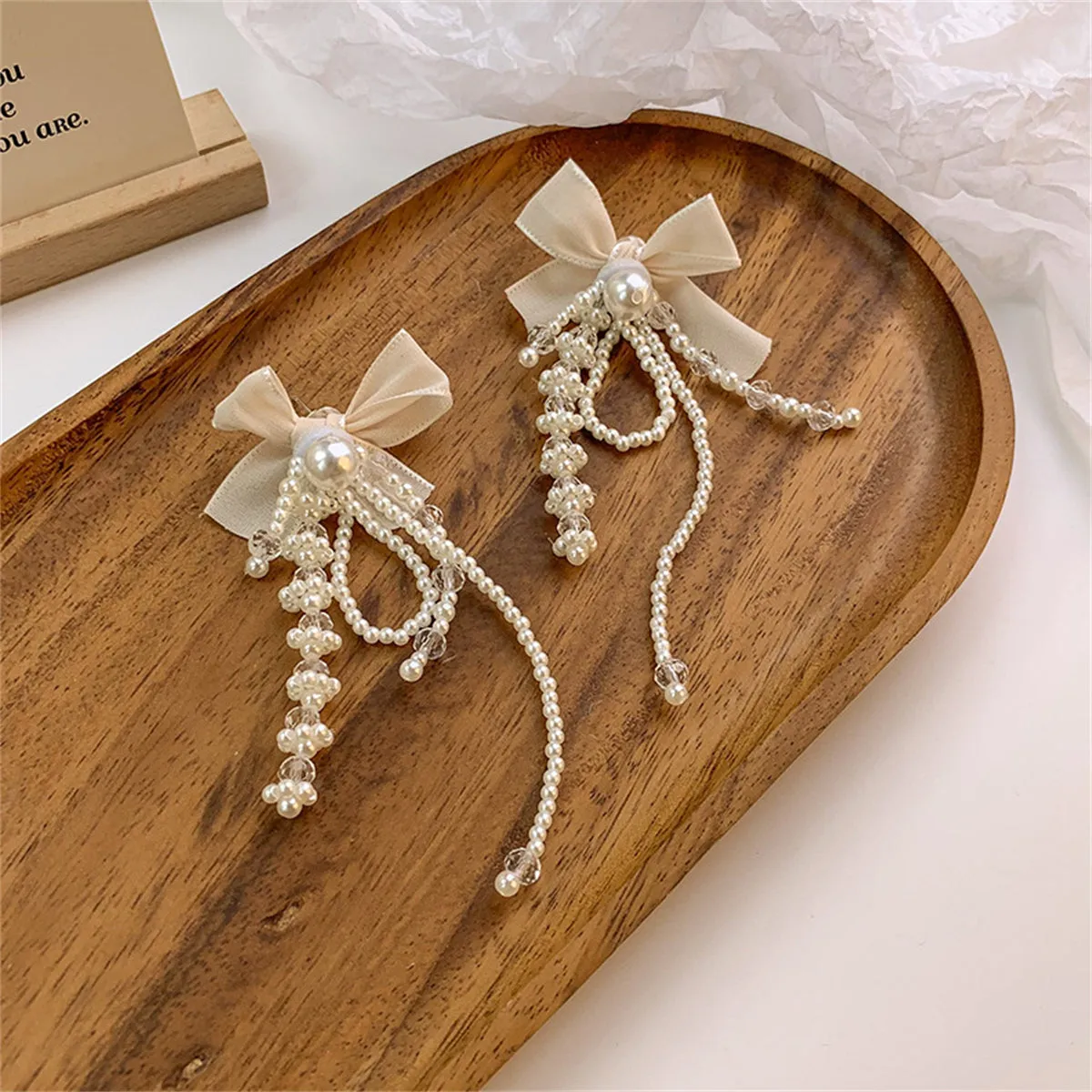White Mesh & Pearl Butterfly Tassel Drop Earrings