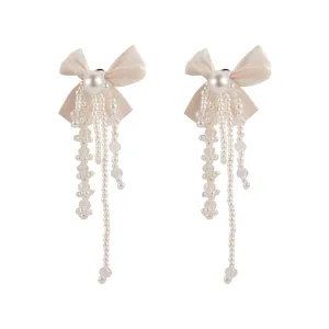 White Mesh & Pearl Butterfly Tassel Drop Earrings
