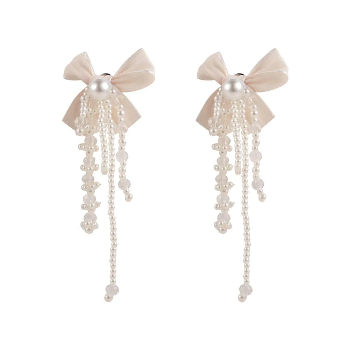 White Mesh & Pearl Butterfly Tassel Drop Earrings