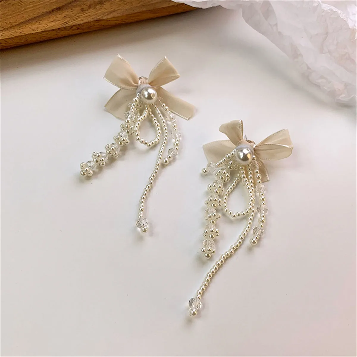 White Mesh & Pearl Butterfly Tassel Drop Earrings
