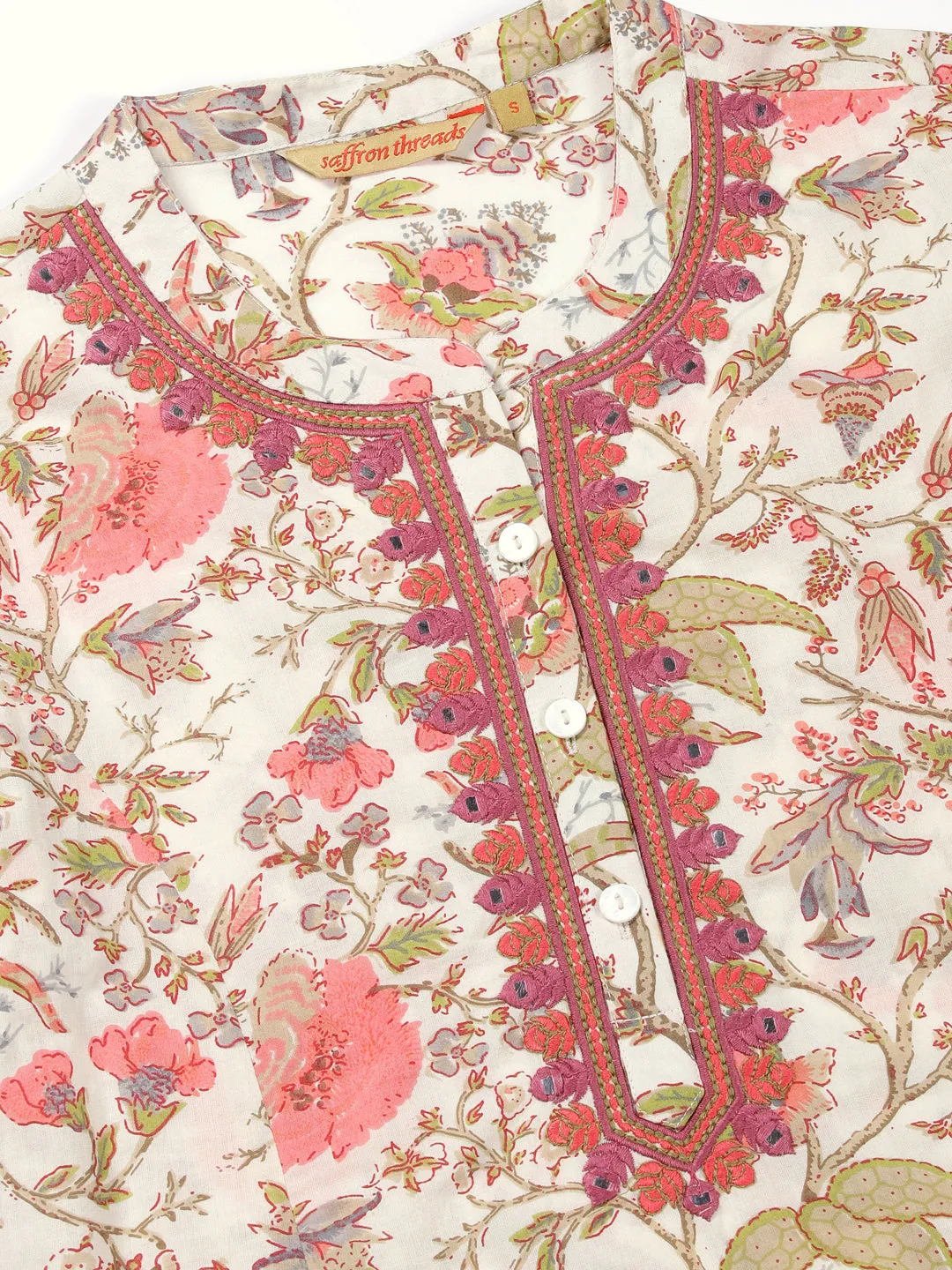 White-Peach Ethnic Floral Print Kurta with Neck Embroidery