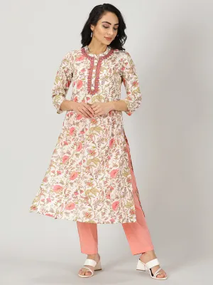 White-Peach Ethnic Floral Print Kurta with Neck Embroidery
