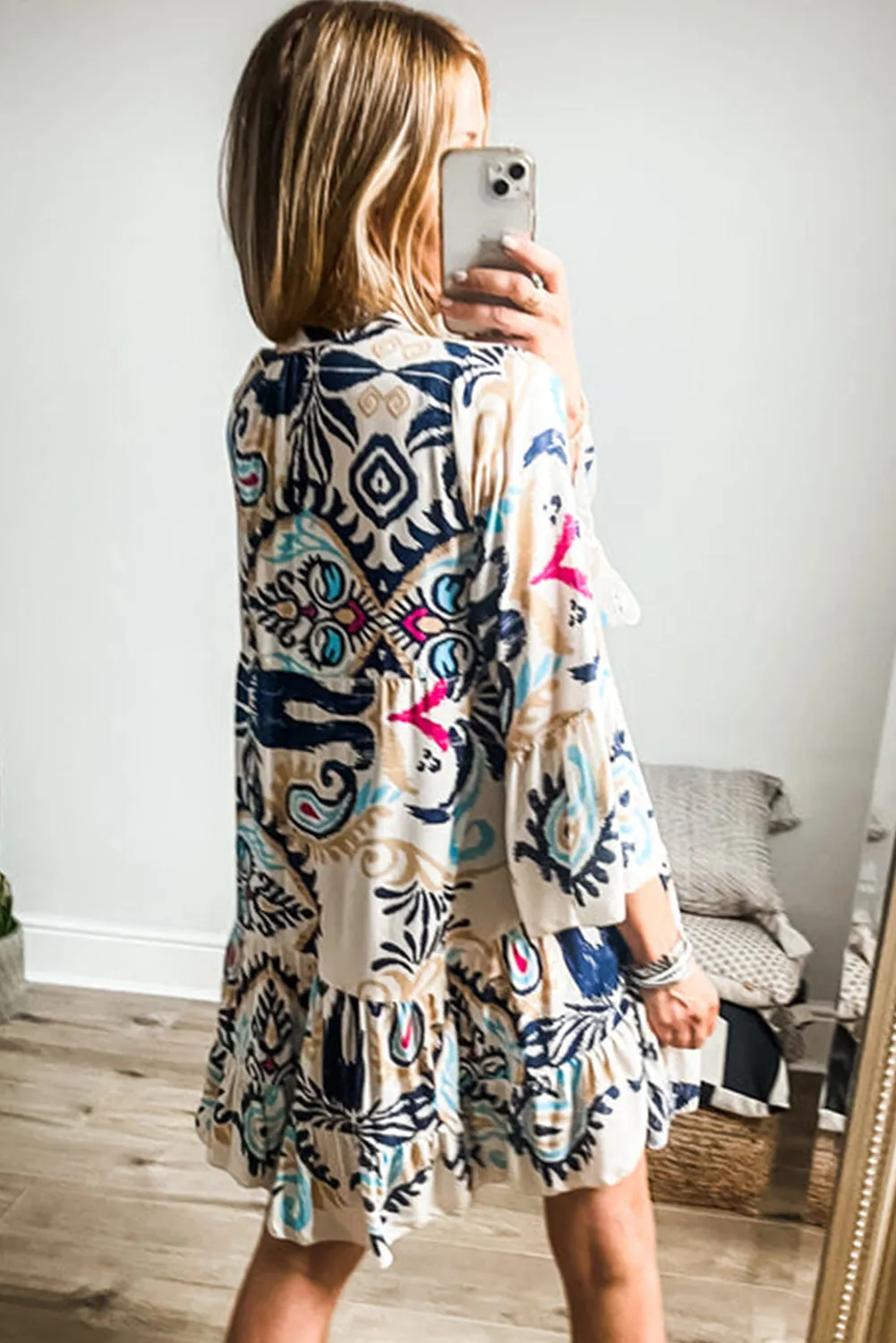 White Printed Tribal Bracelet Sleeve Buttoned Mini Dress