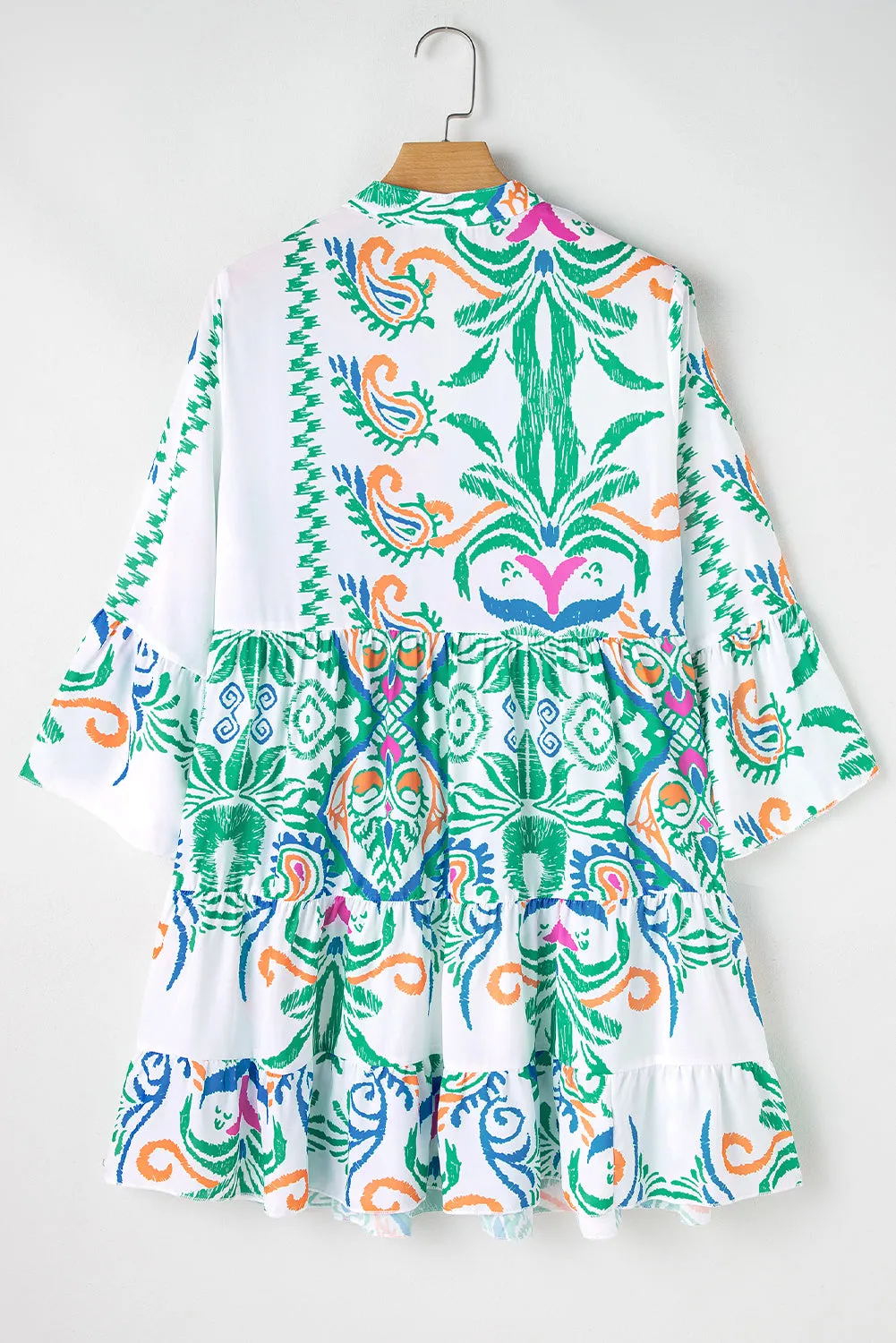 White Printed Tribal Bracelet Sleeve Buttoned Mini Dress