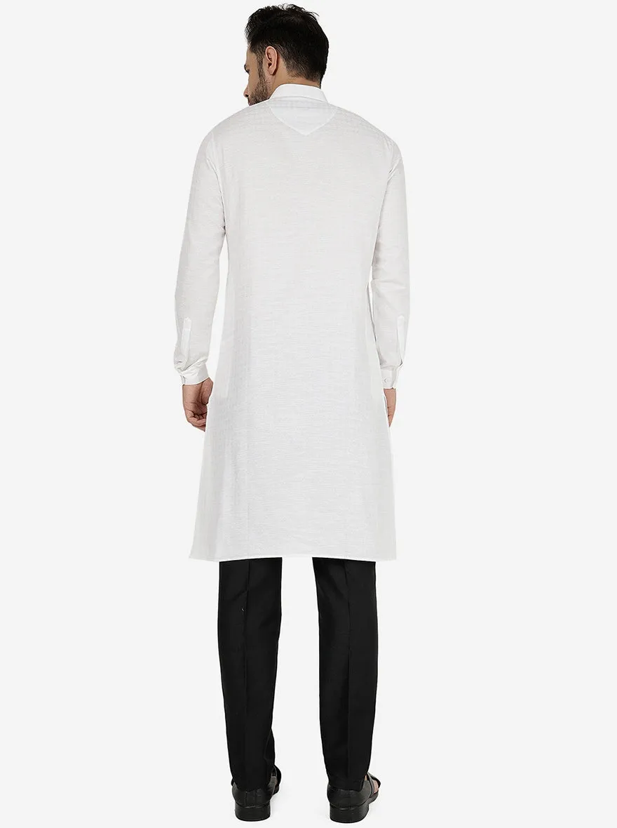 White Self Textured Regular Fit Modi Kurta | JadeBlue