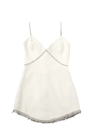 White Sleeveless Rhinestone Trim Mini Dress