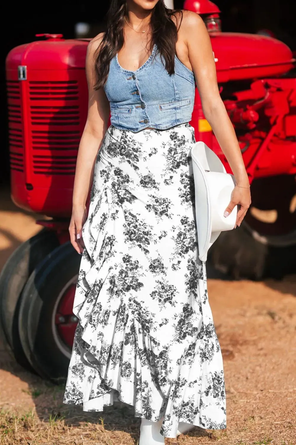 Wildflower Waltz Asymmetrical Ruffle Maxi Skirt