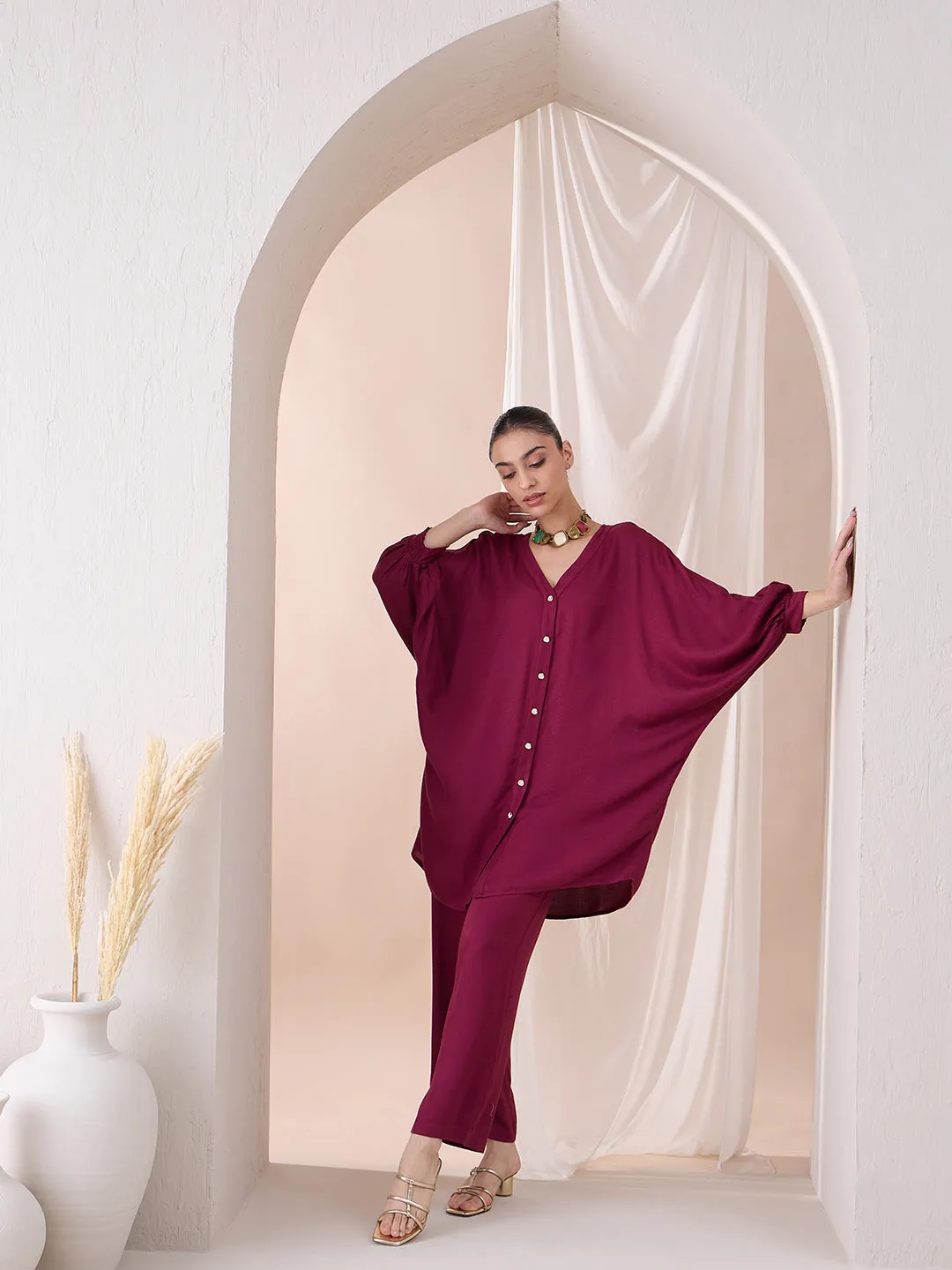 Wine Button Down Tunic With Straight Pant