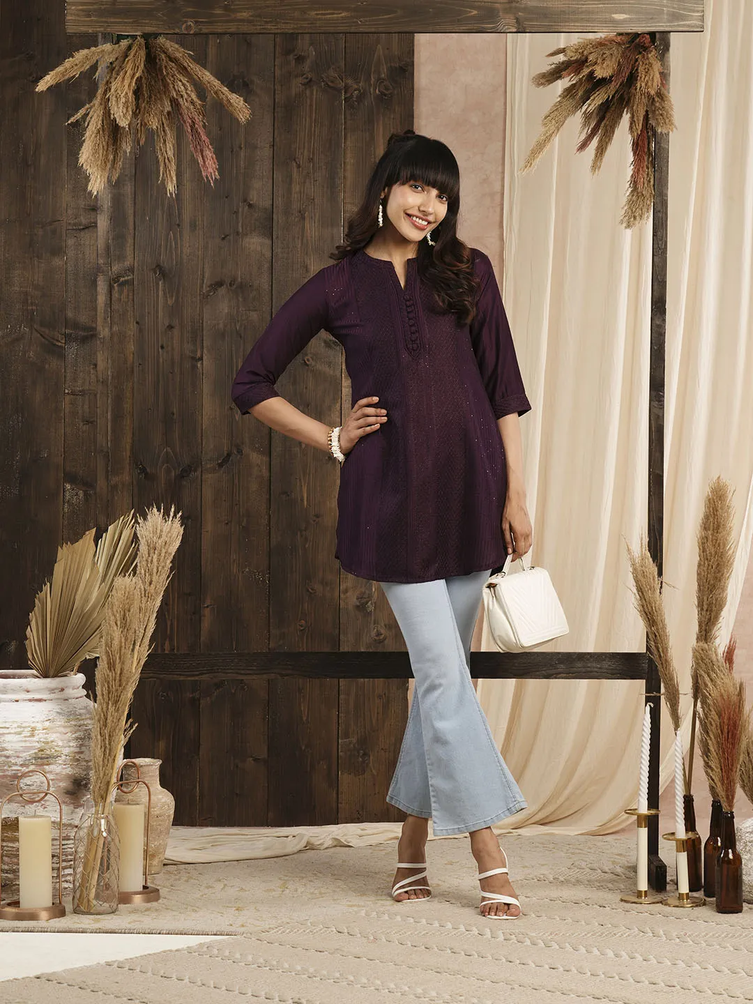 Wine Ethnic Wear Chanderi Silk Straight Tunics for Ladies - Zola