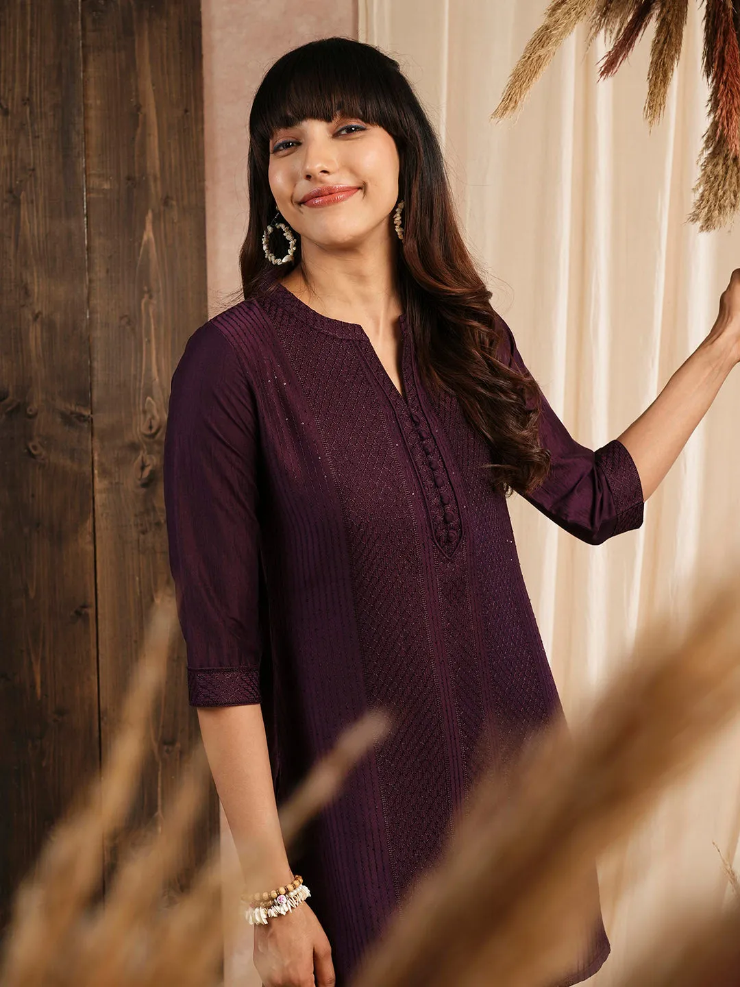 Wine Ethnic Wear Chanderi Silk Straight Tunics for Ladies - Zola