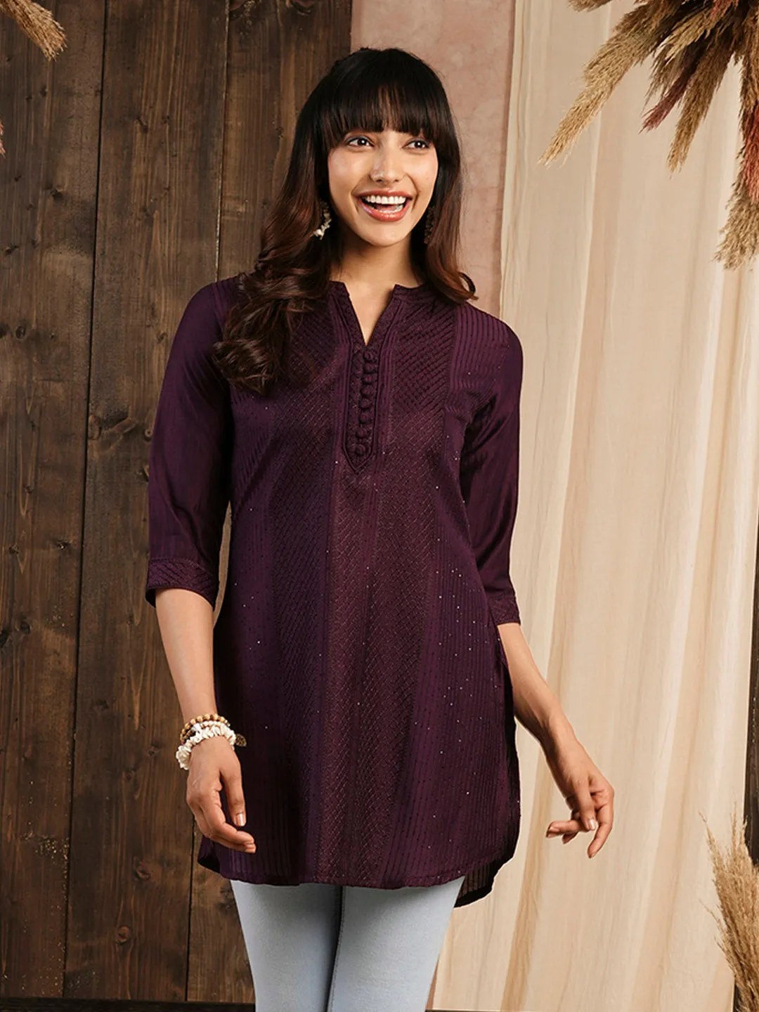 Wine Ethnic Wear Chanderi Silk Straight Tunics for Ladies - Zola