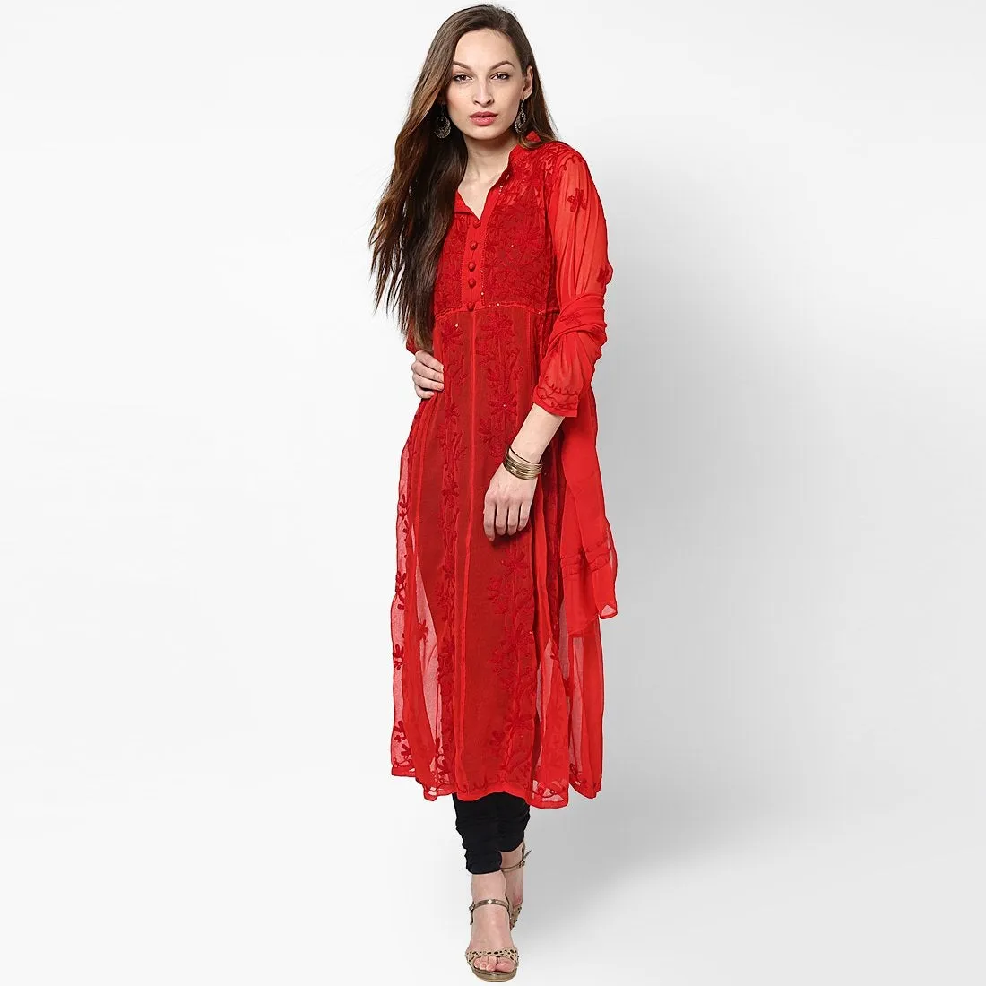 Women Lucknow Chikan Georgette Red Kurti