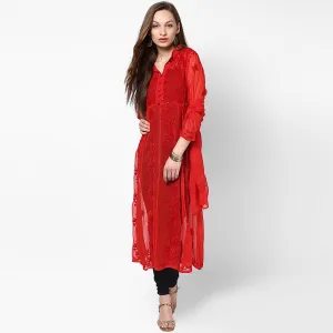 Women Lucknow Chikan Georgette Red Kurti